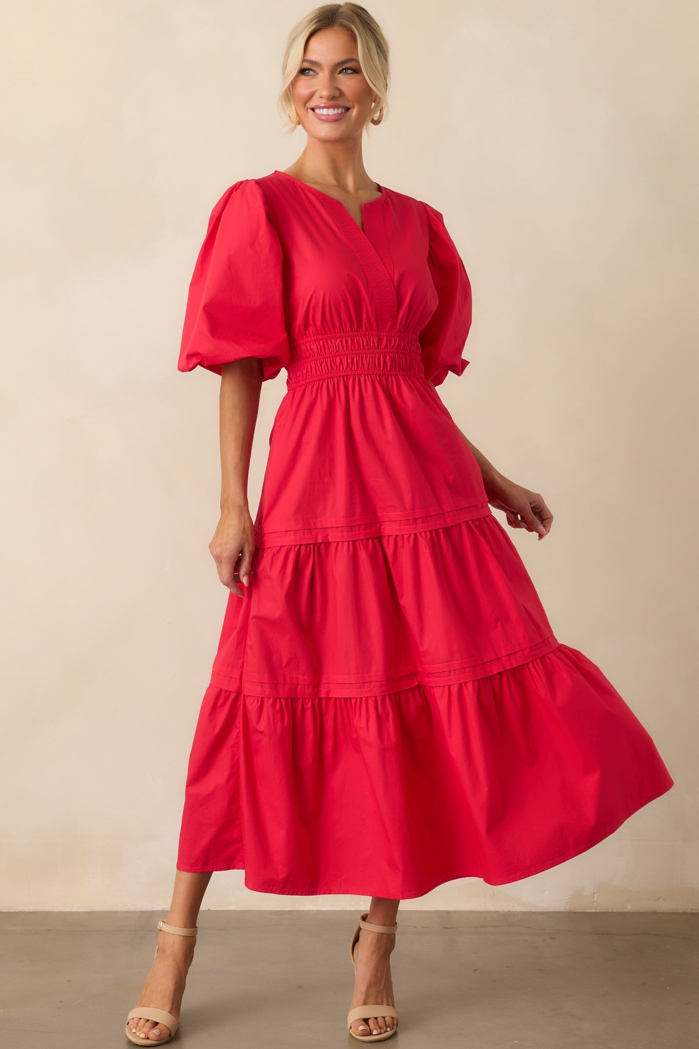 Afternoons At The Gallery Red Cotton Puff Sleeve Maxi Dress