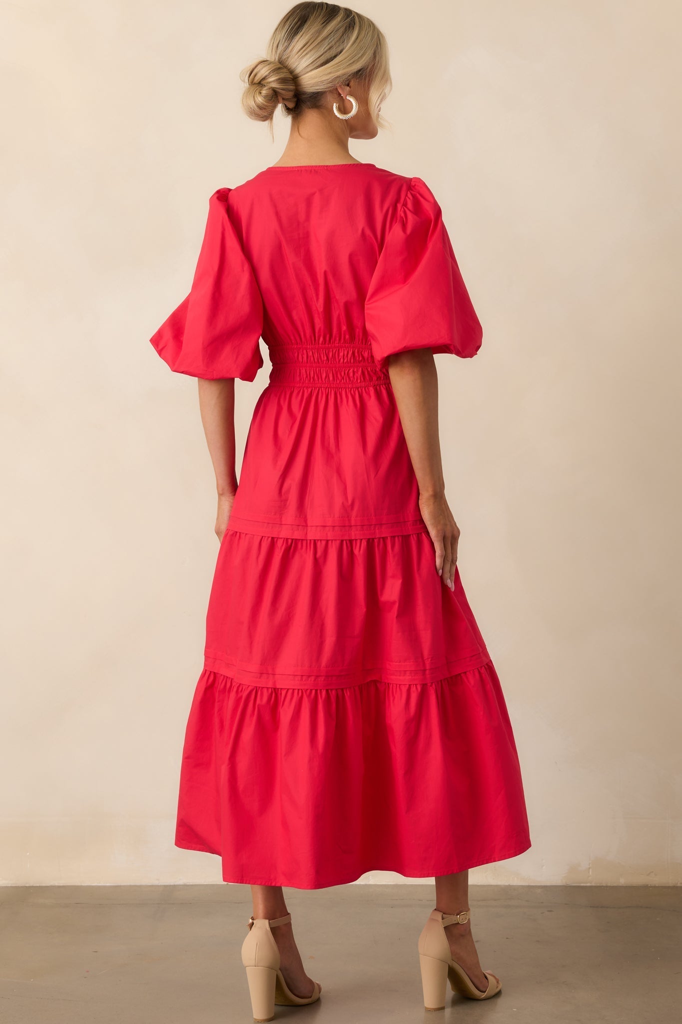 Afternoons At The Gallery Red Cotton Puff Sleeve Maxi Dress