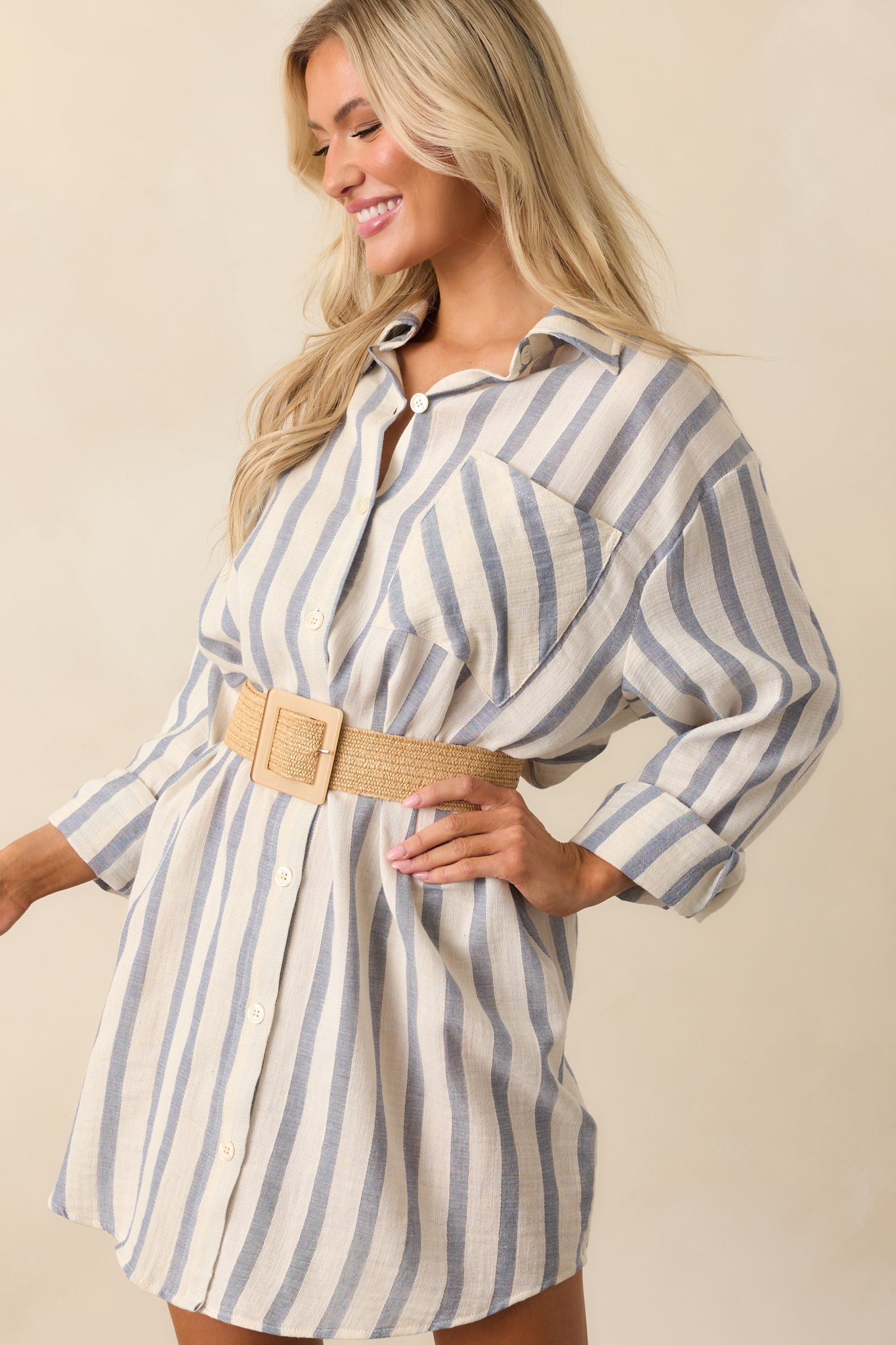 Better Than Expected Blue Stripe Cotton Mini Shirt Dress