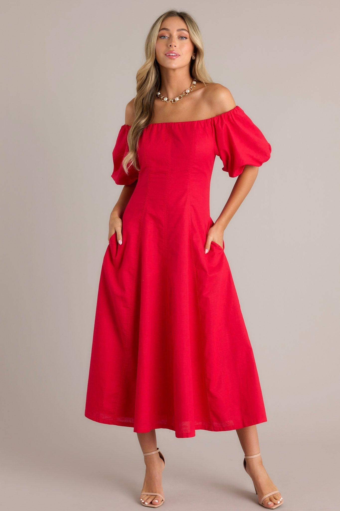 Cascade Couture Red Off Shoulder Midi Dress