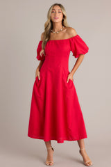 Cascade Couture Red Off Shoulder Midi Dress