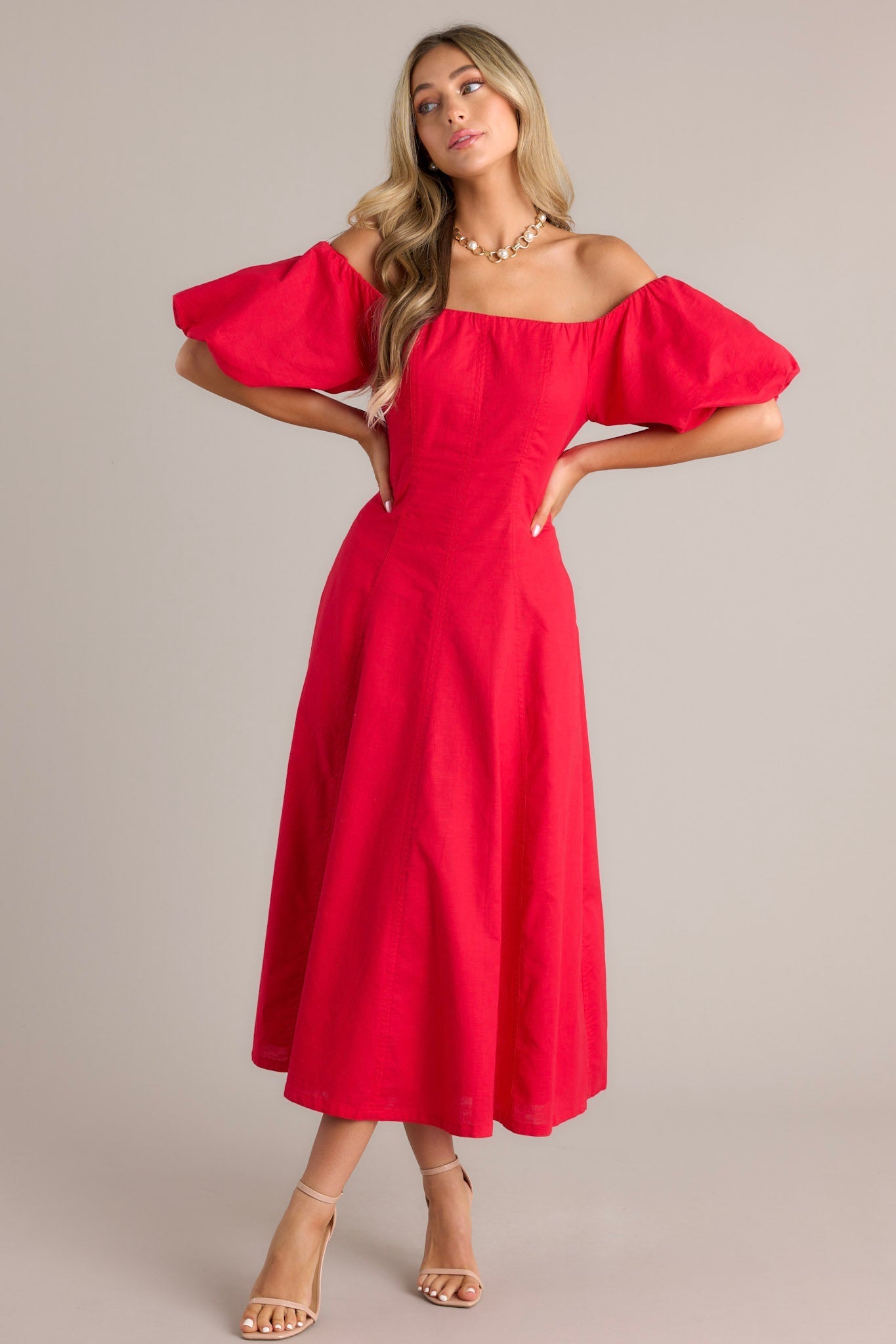 Cascade Couture Red Off Shoulder Midi Dress