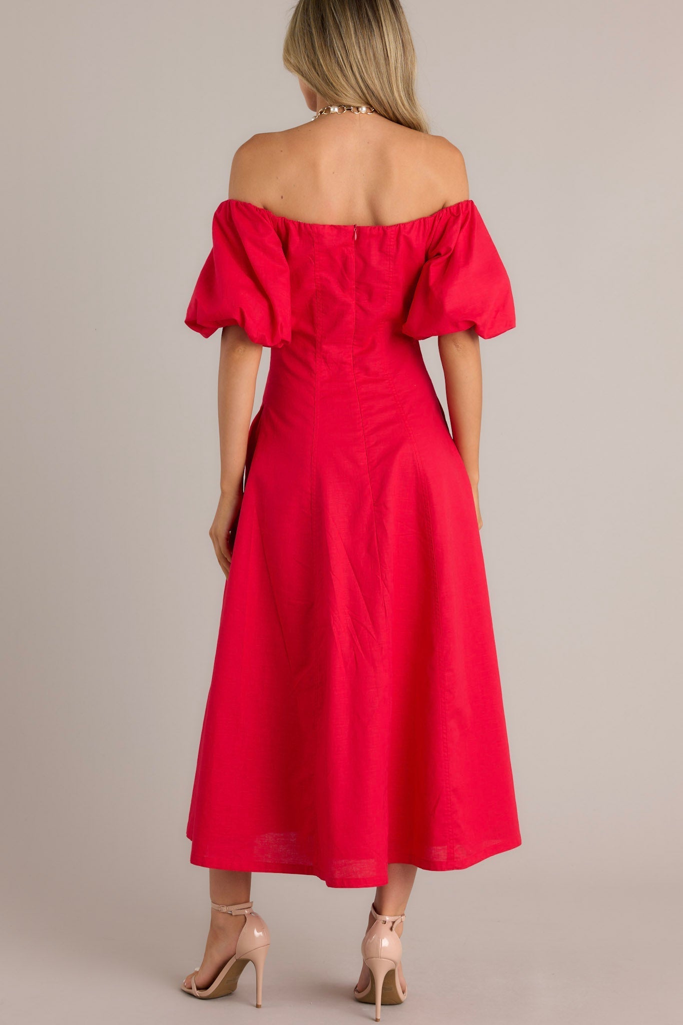 Cascade Couture Red Off Shoulder Midi Dress