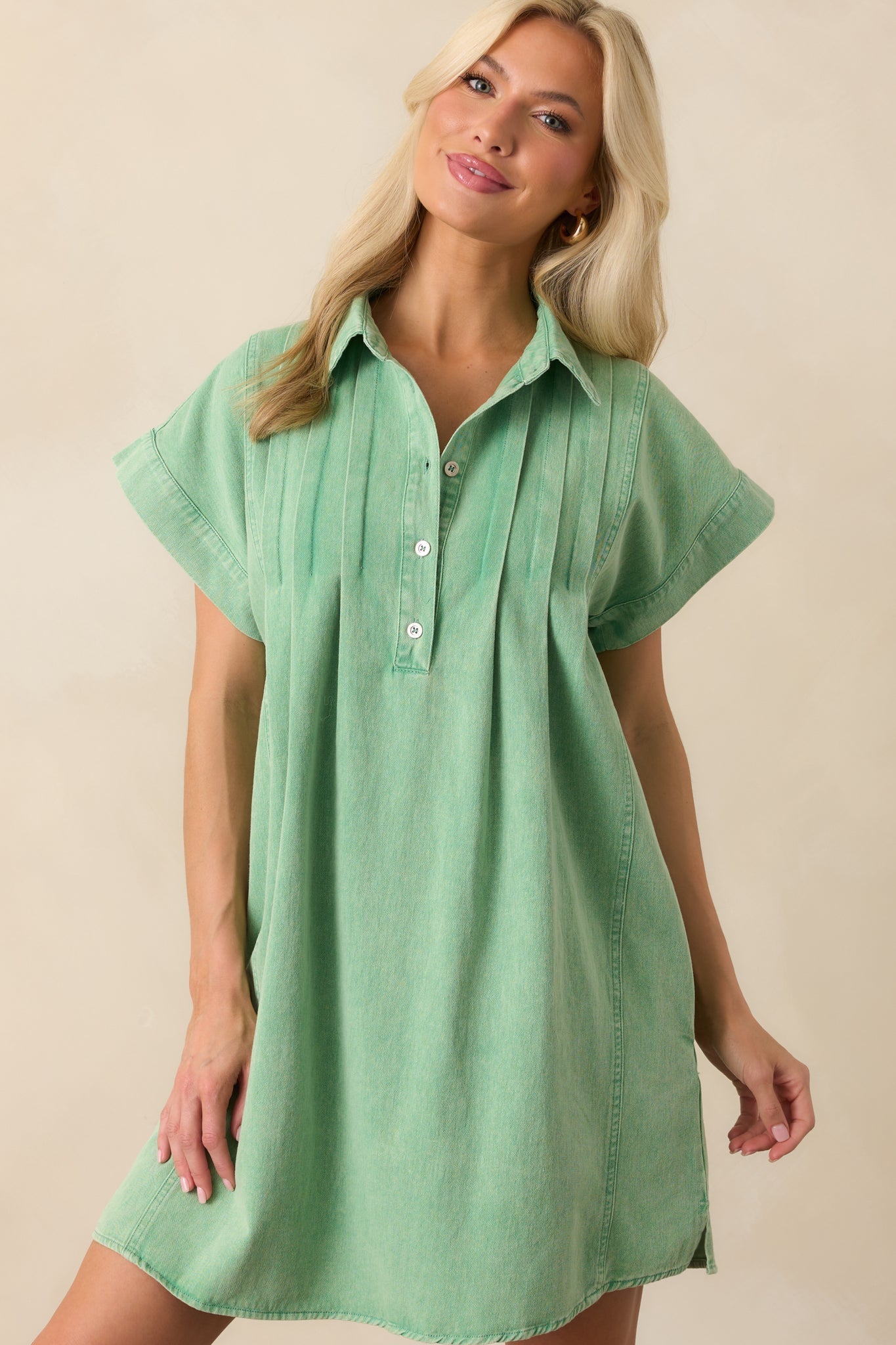 Perfect Afternoon Light Green Short Sleeve Cotton Denim Mini Dress