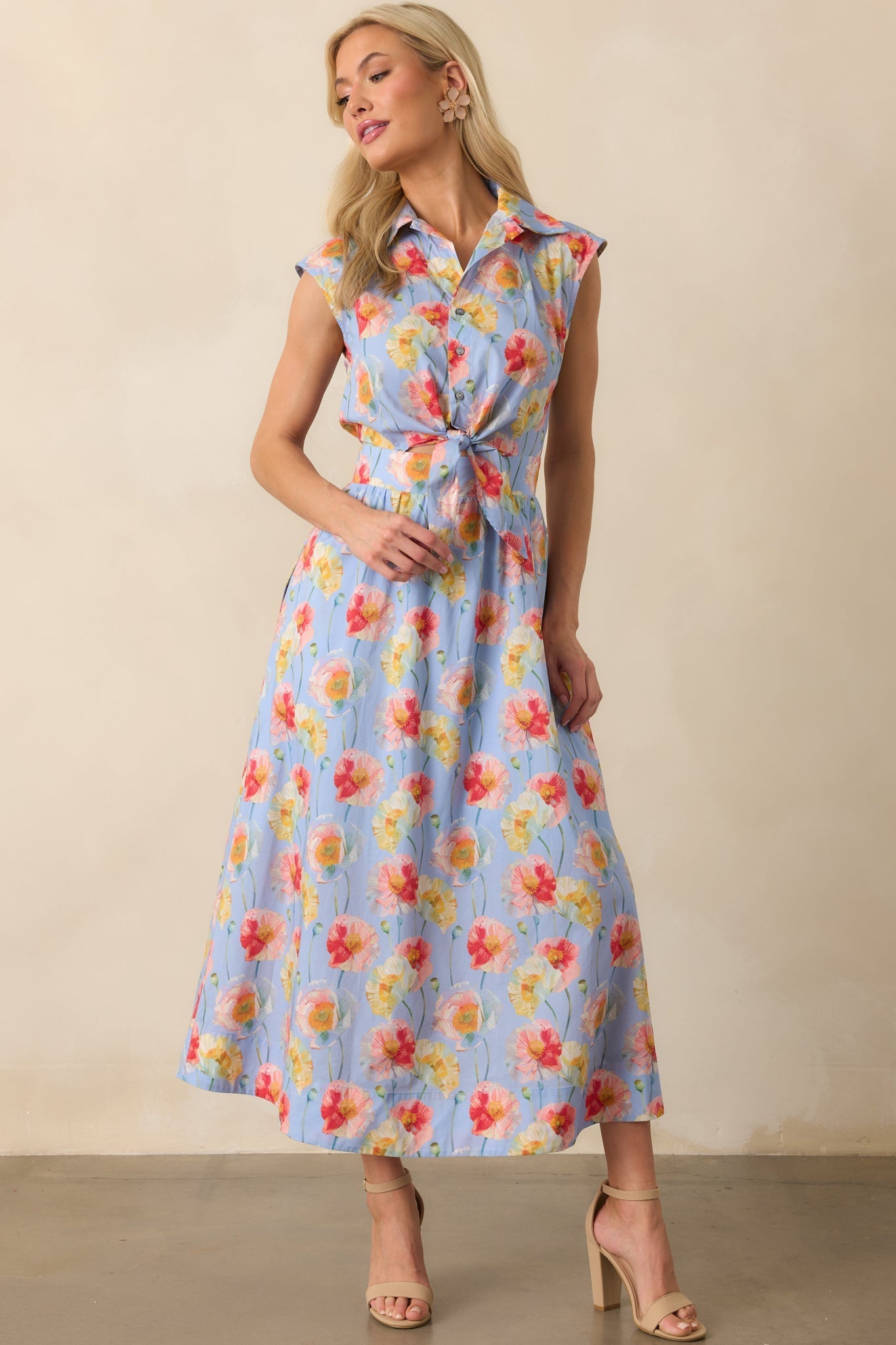 Only The Best Periwinkle Floral Print Cotton Tie Front Maxi Dress