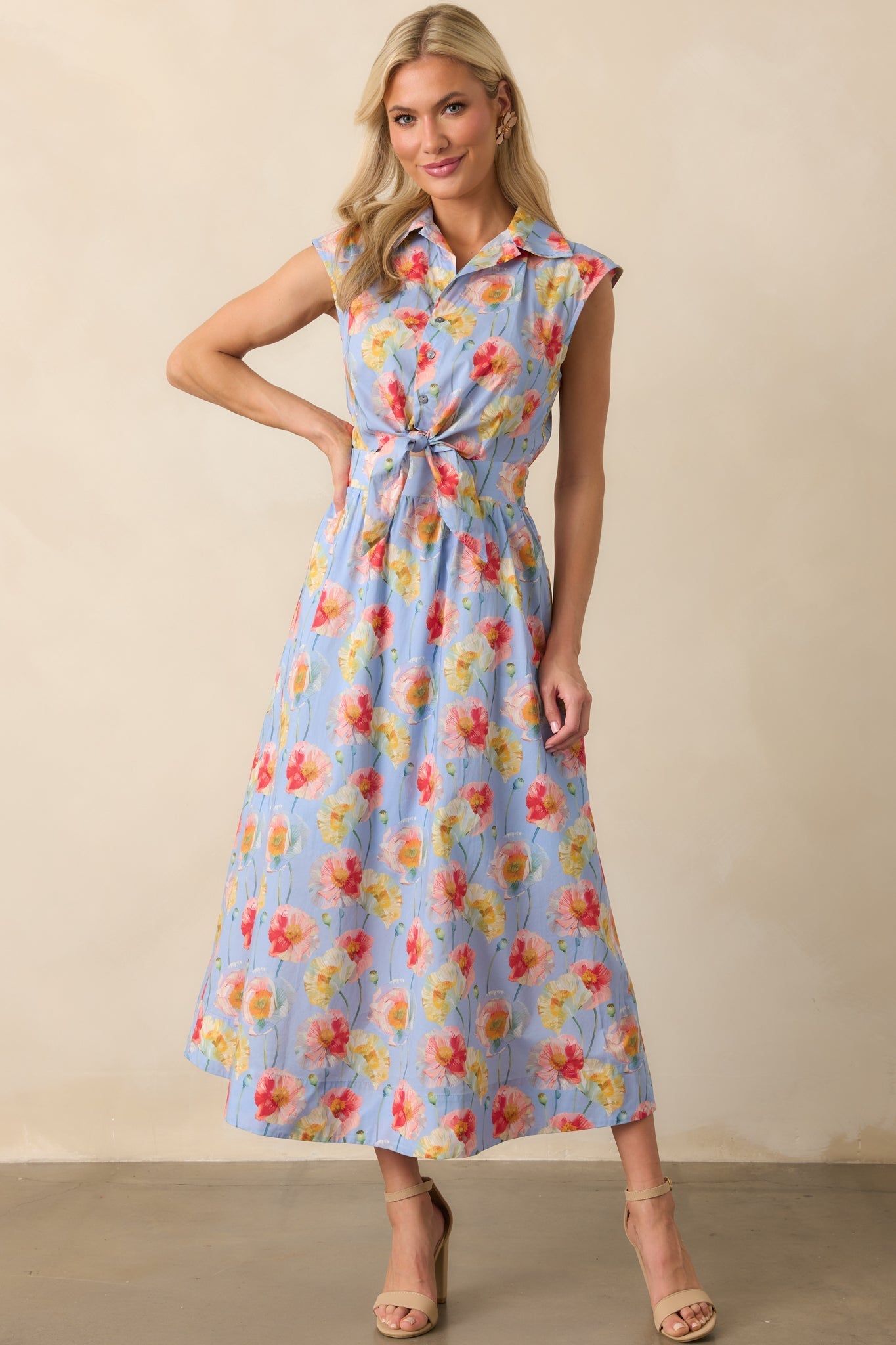 Only The Best Periwinkle Floral Print Cotton Tie Front Maxi Dress