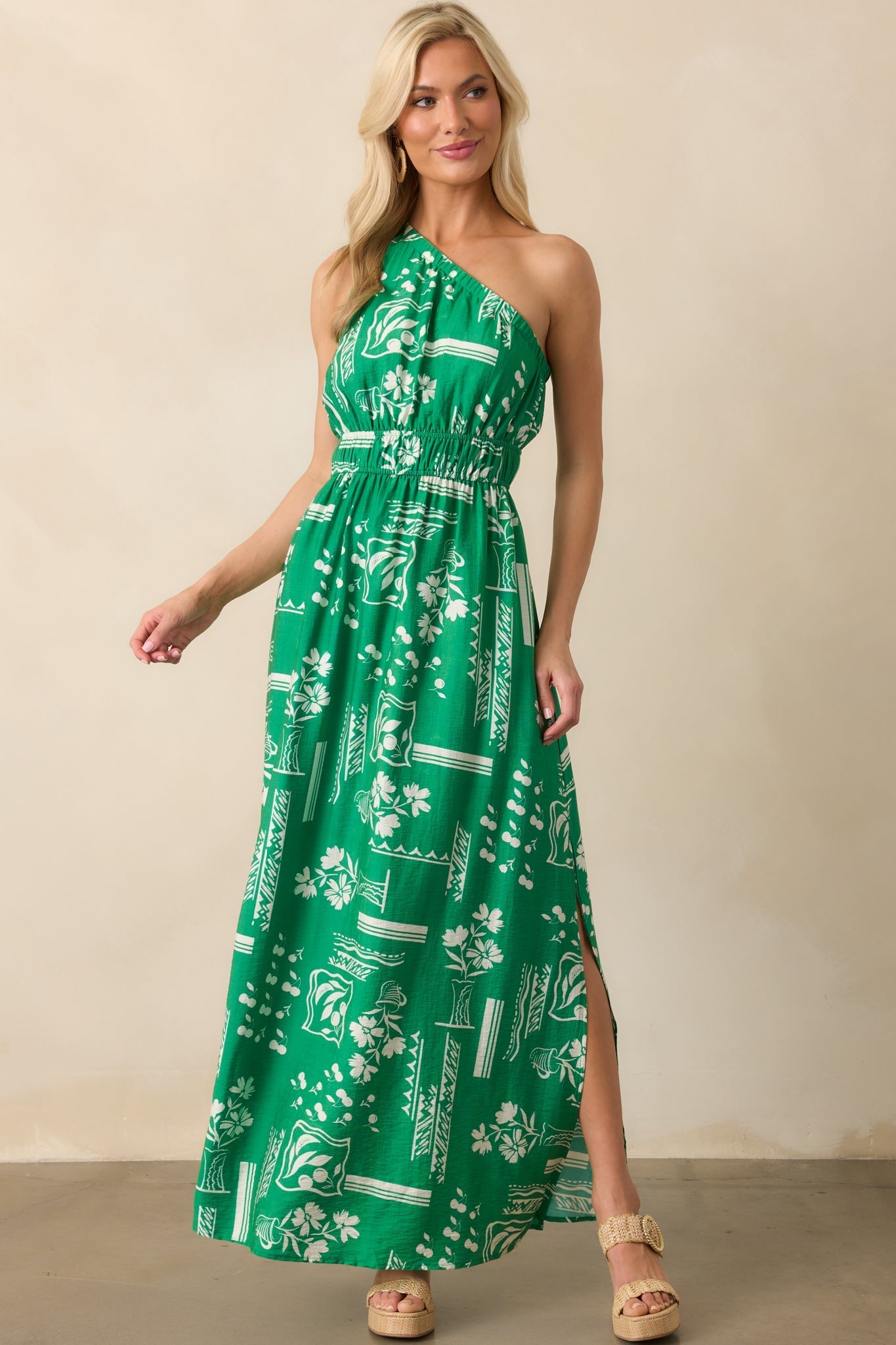 Anything Goes Green One Shoulder Geometric Floral Print Maxi Dress