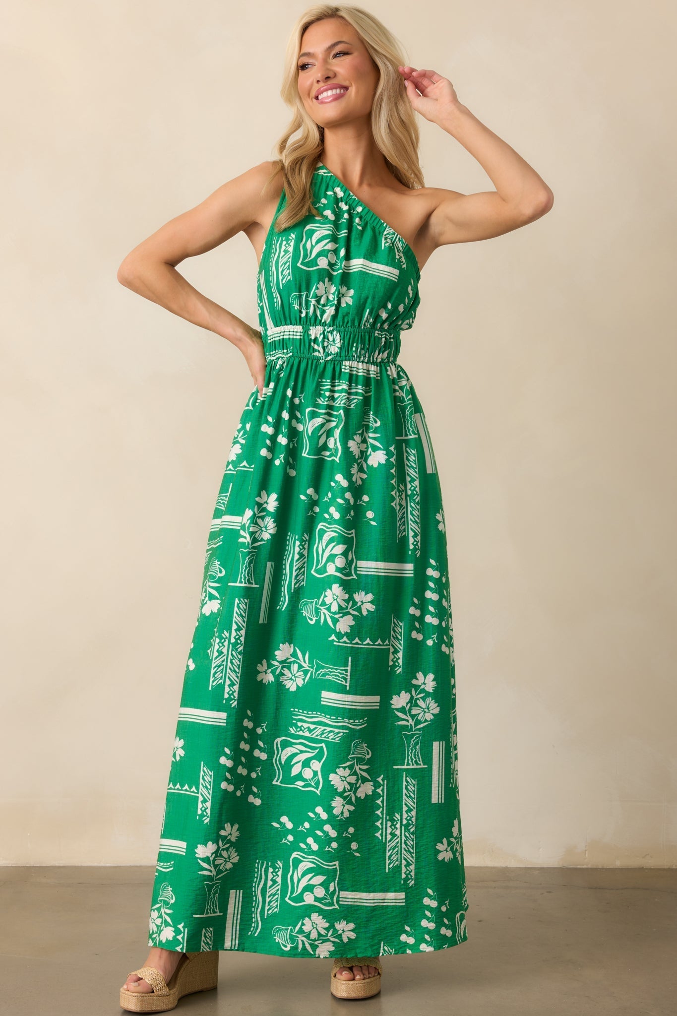 Anything Goes Green One Shoulder Geometric Floral Print Maxi Dress