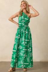 Anything Goes Green One Shoulder Geometric Floral Print Maxi Dress
