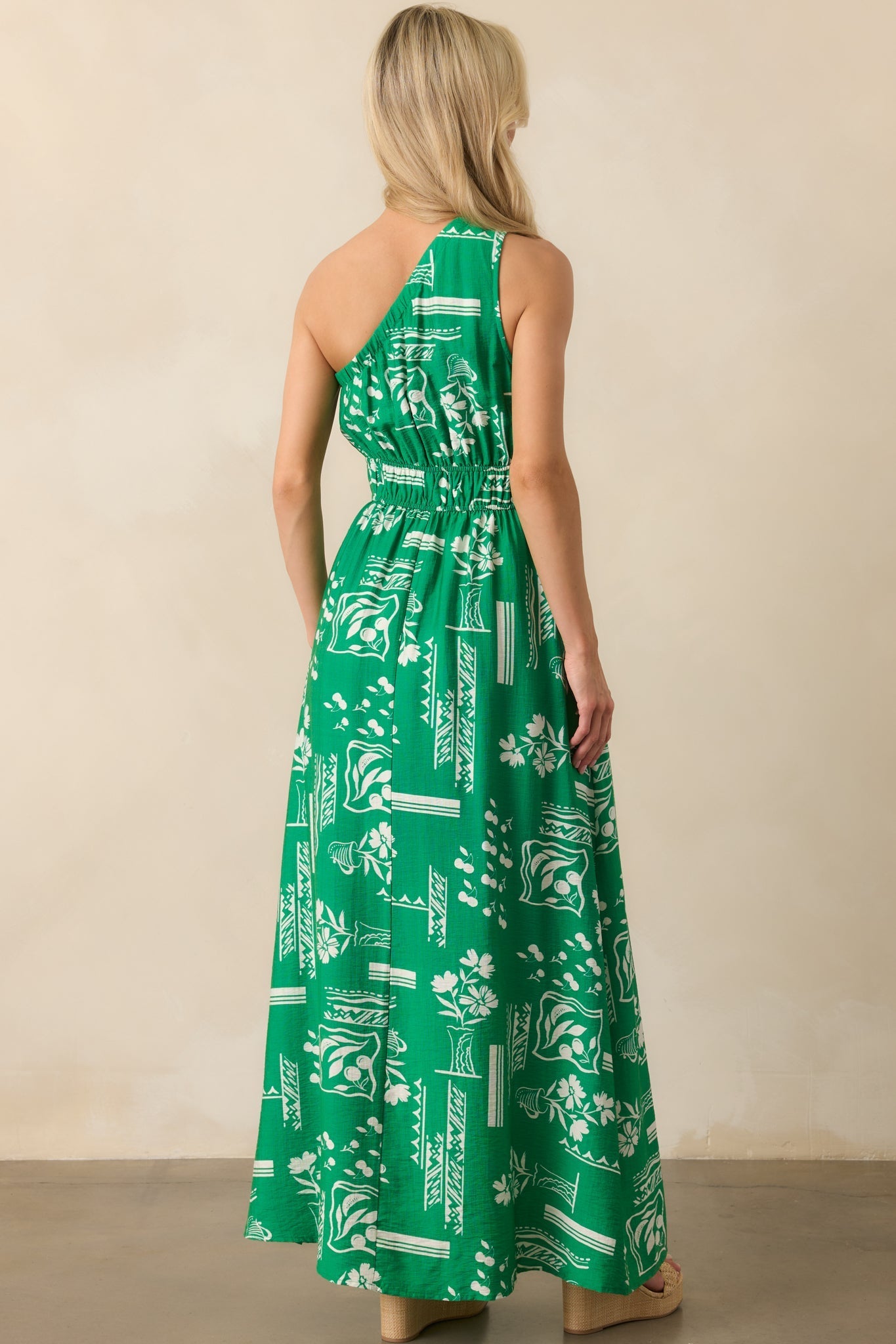 Anything Goes Green One Shoulder Geometric Floral Print Maxi Dress