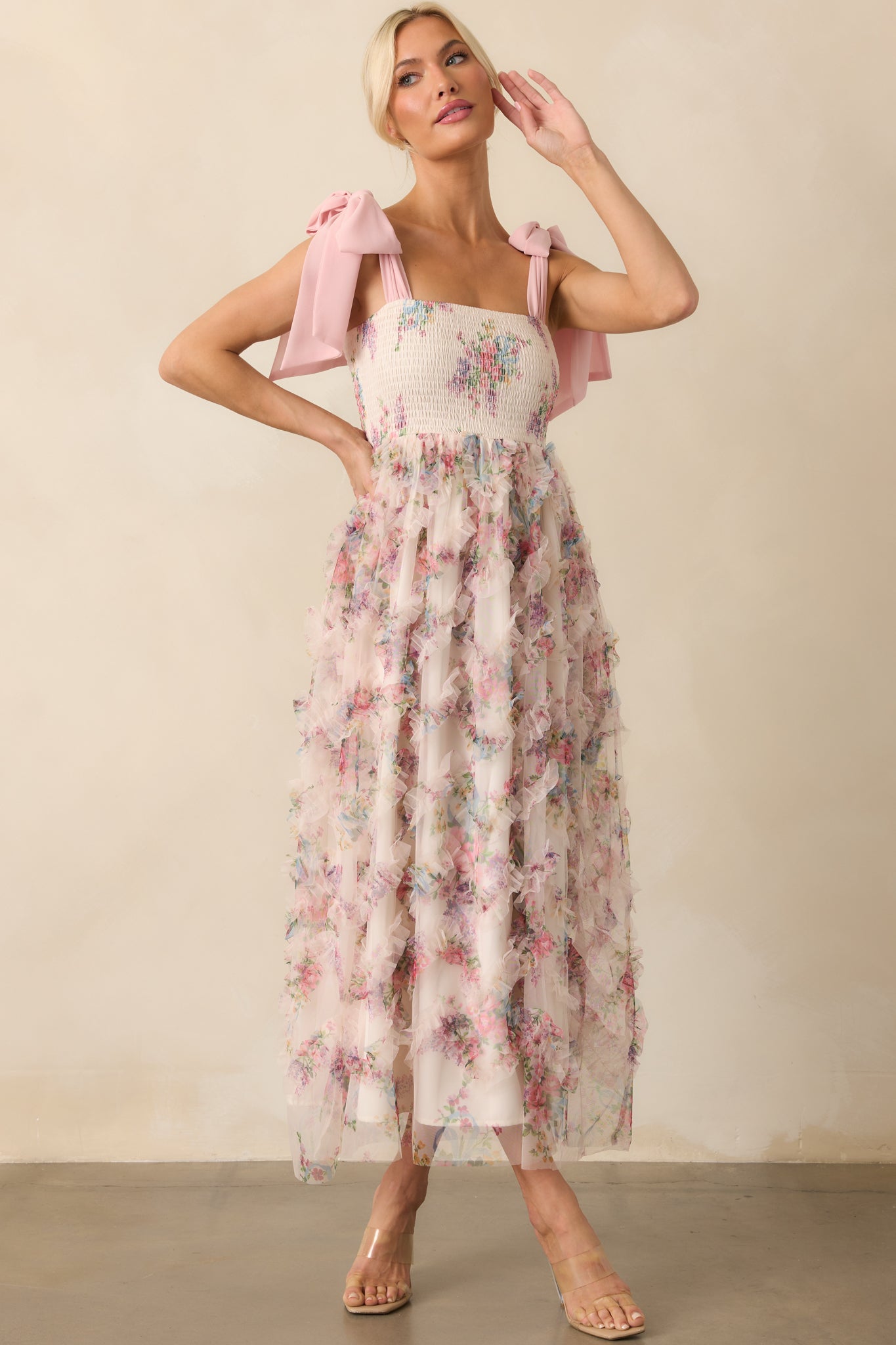 As Luck Would Have It Light Pink Floral Print Ruffle Maxi Dress