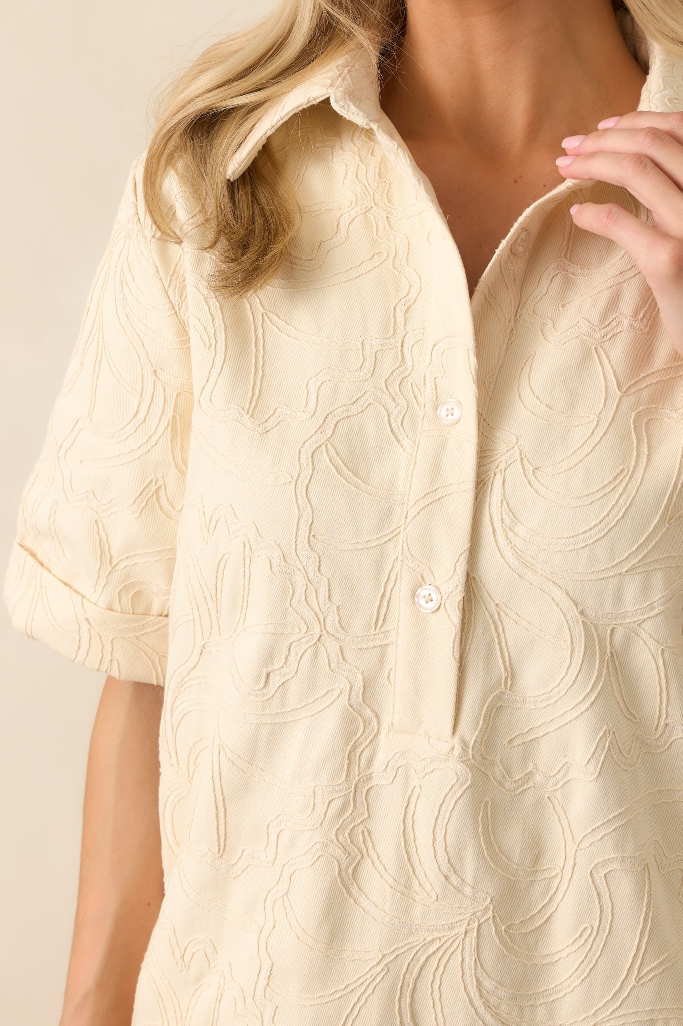 Purposefully Subtle Ivory Floral Embroidered Cotton Denim Mini Dress