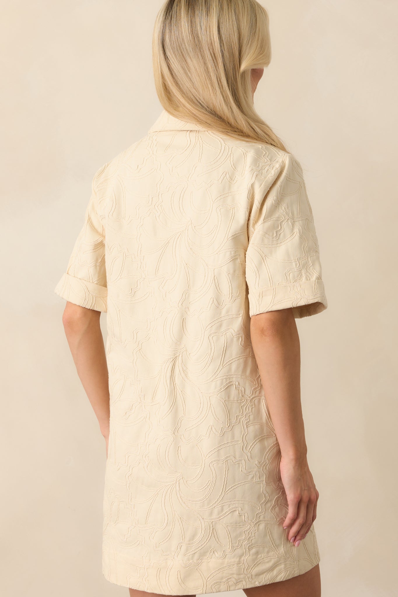 Purposefully Subtle Ivory Floral Embroidered Cotton Denim Mini Dress