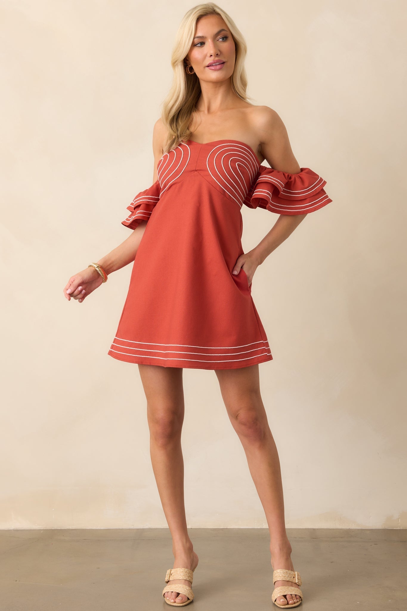 Left An Impression Burnt Orange Linen Blend Off The Shoulder Mini Dress