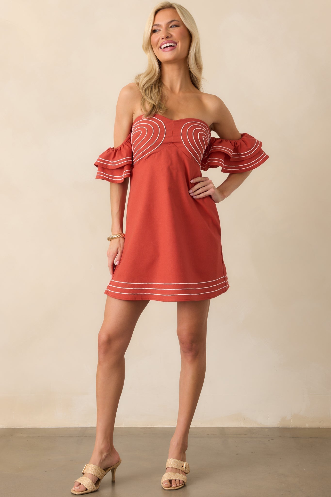 Left An Impression Burnt Orange Linen Blend Off The Shoulder Mini Dress