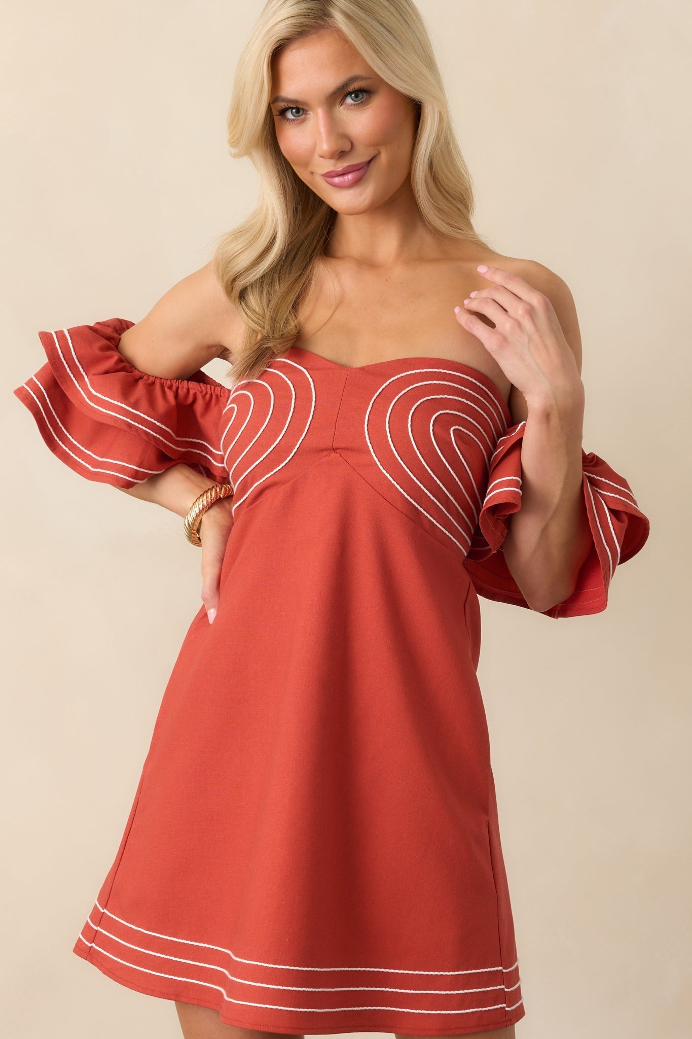 Left An Impression Burnt Orange Linen Blend Off The Shoulder Mini Dress