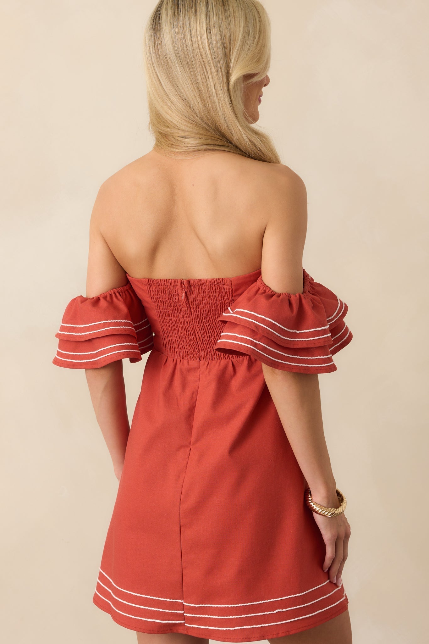 Left An Impression Burnt Orange Linen Blend Off The Shoulder Mini Dress