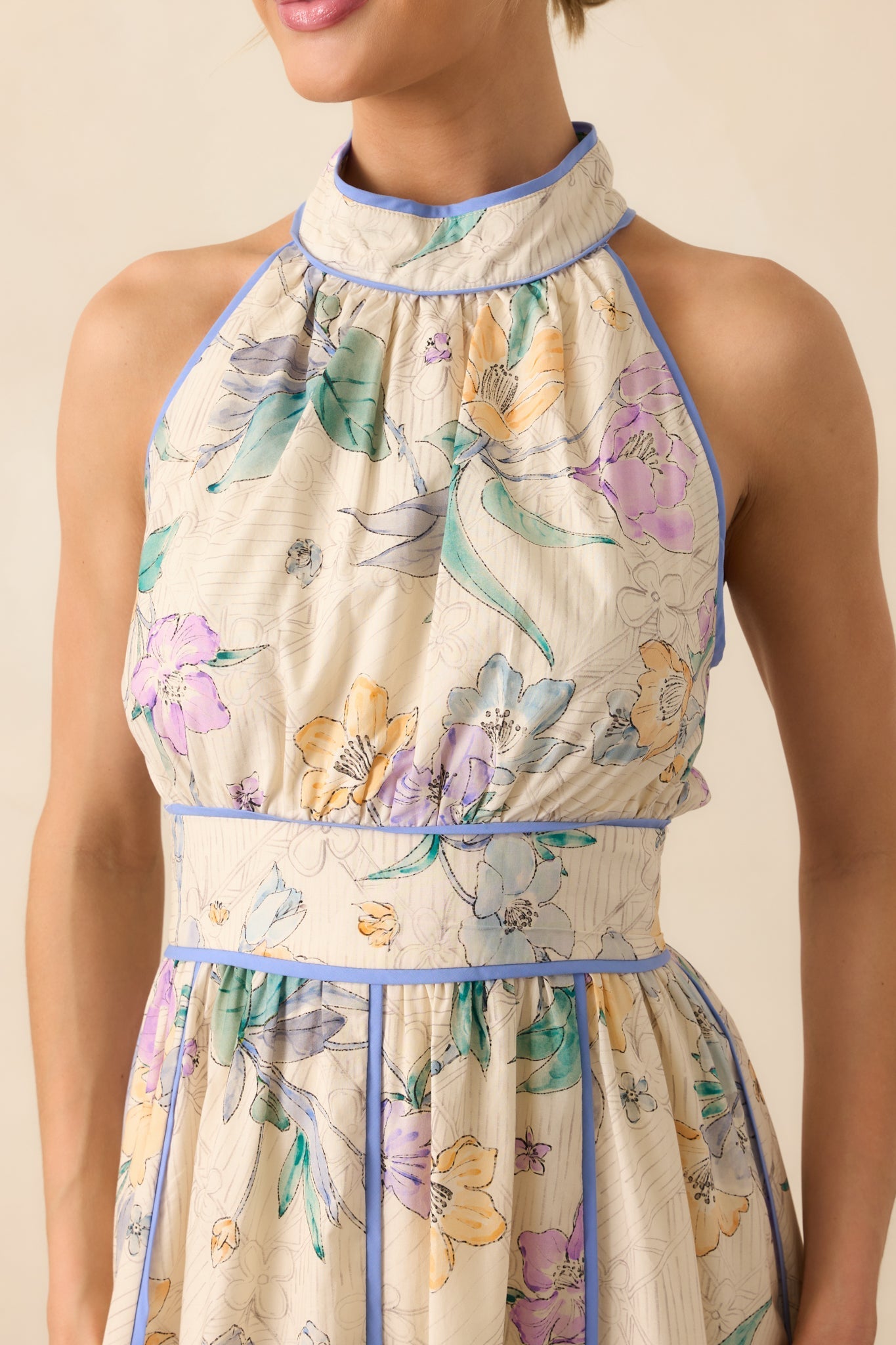 Color Outside The Lines Ivory Floral Print Cotton Halter Maxi Dress