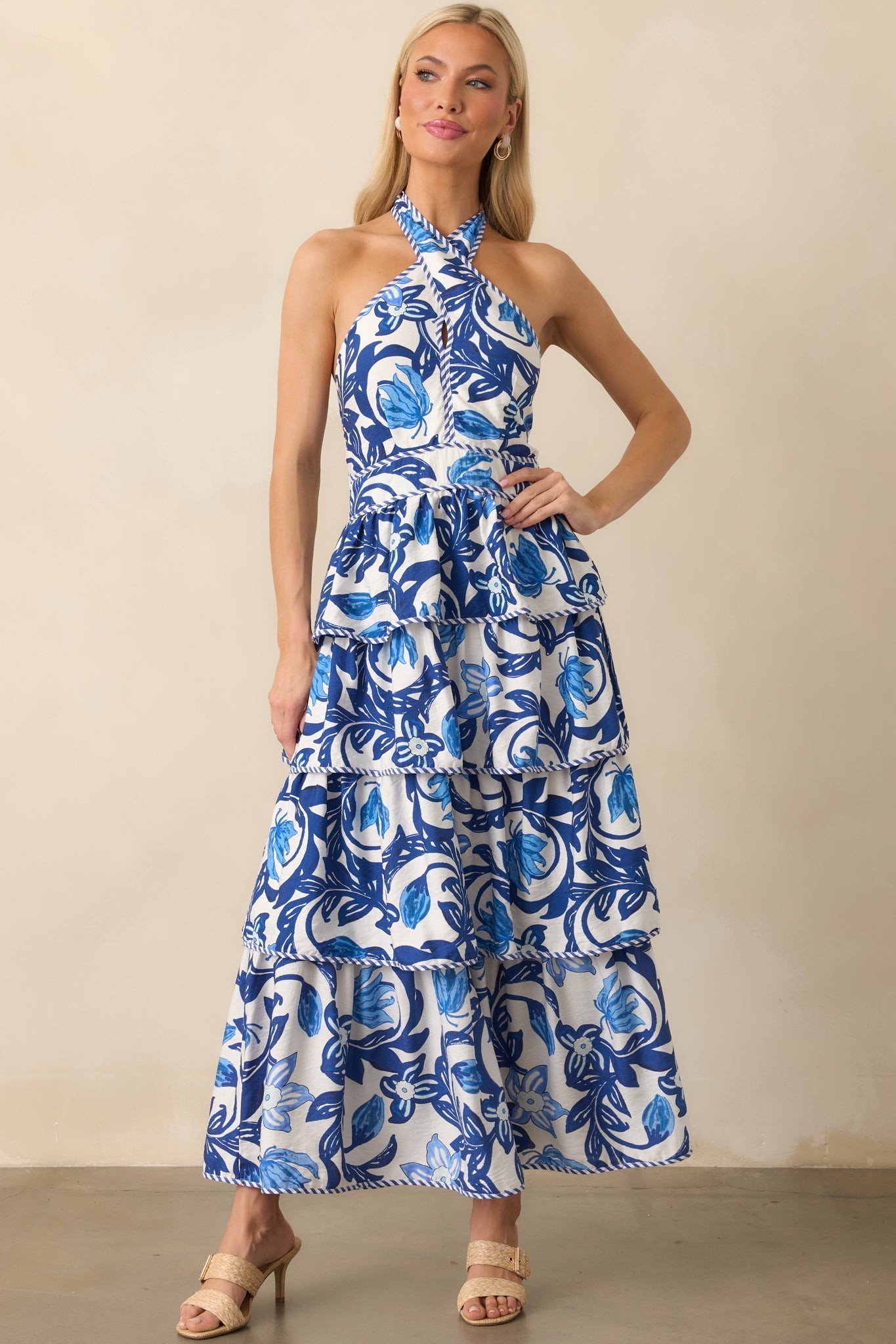 No Time For Drama Blue Floral Tiered Halter Maxi Dress