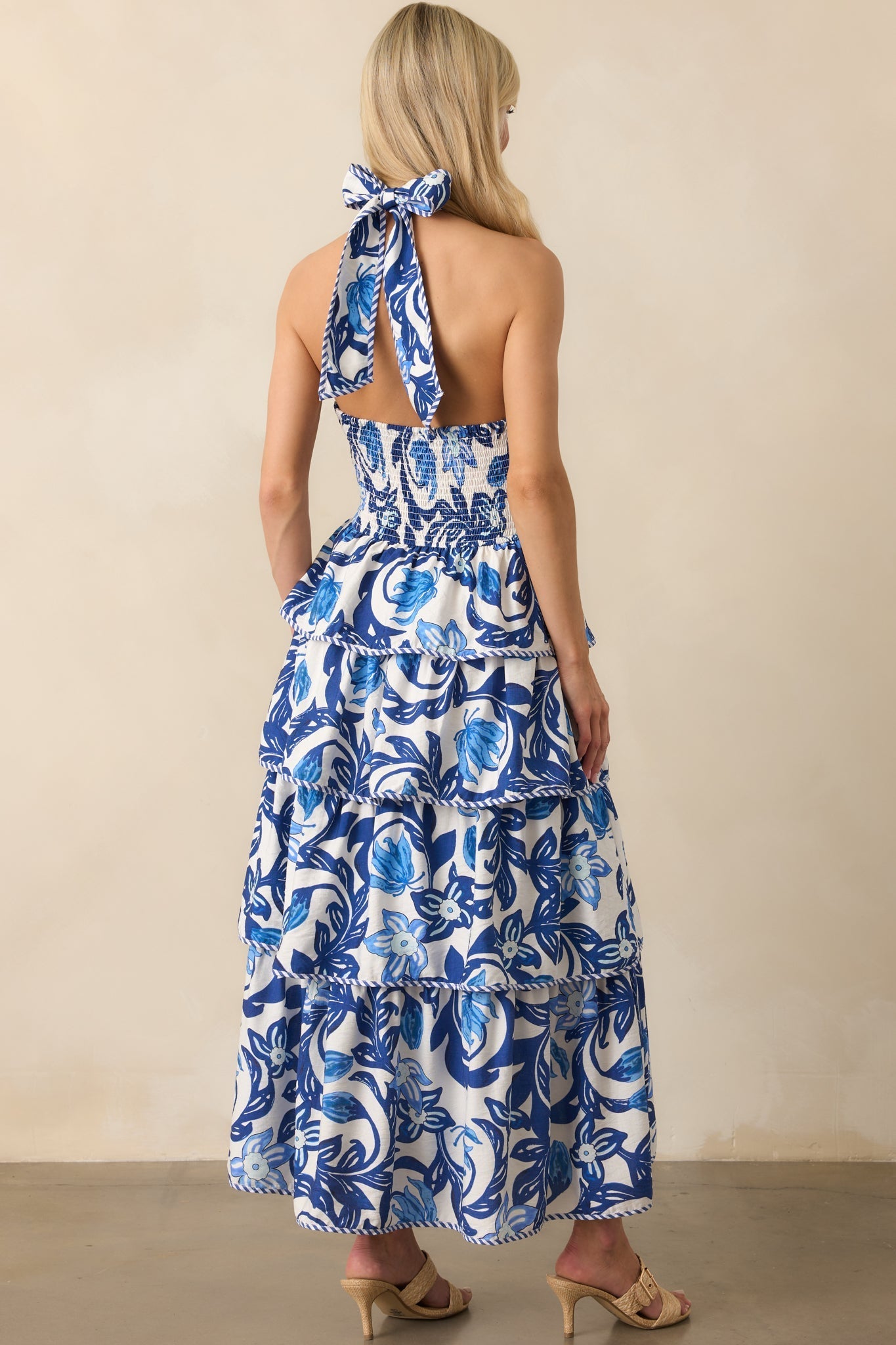 No Time For Drama Blue Floral Tiered Halter Maxi Dress