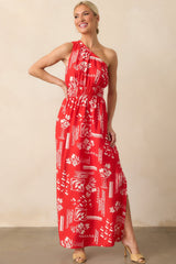 Anything Goes Red One Shoulder Geometric Floral Print Maxi Dress