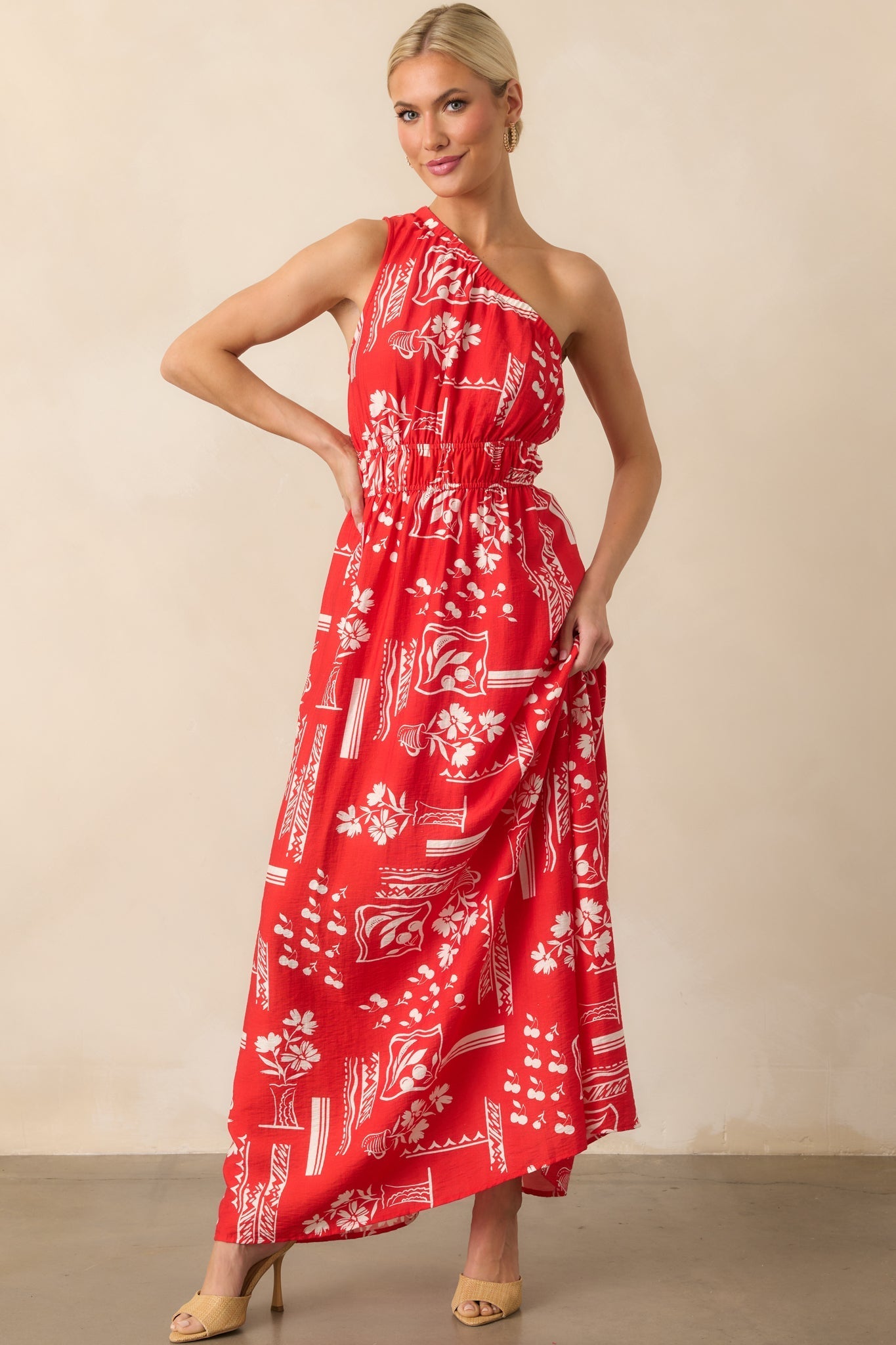Anything Goes Red One Shoulder Geometric Floral Print Maxi Dress