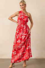 Anything Goes Red One Shoulder Geometric Floral Print Maxi Dress