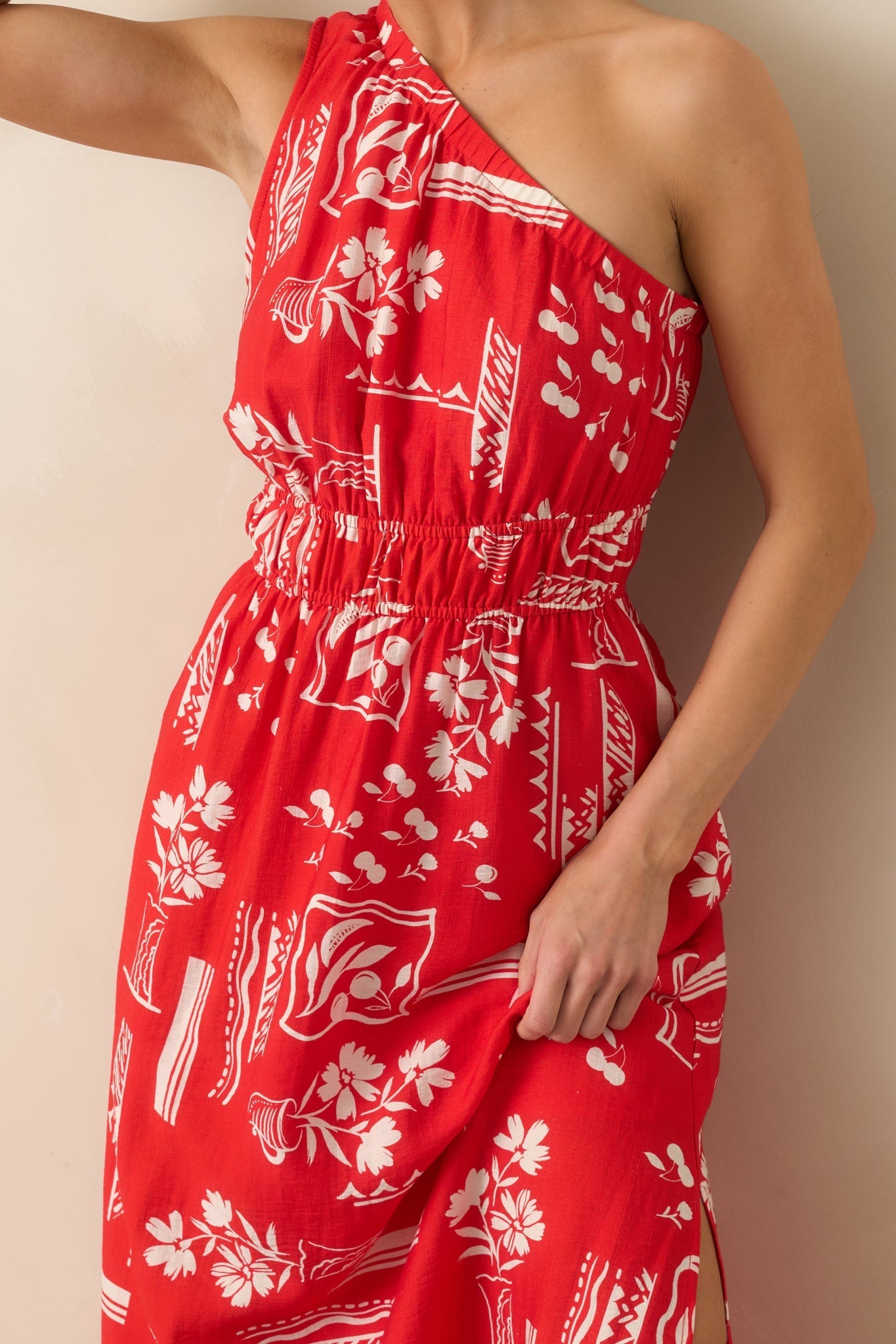 Anything Goes Red One Shoulder Geometric Floral Print Maxi Dress