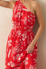 Anything Goes Red One Shoulder Geometric Floral Print Maxi Dress