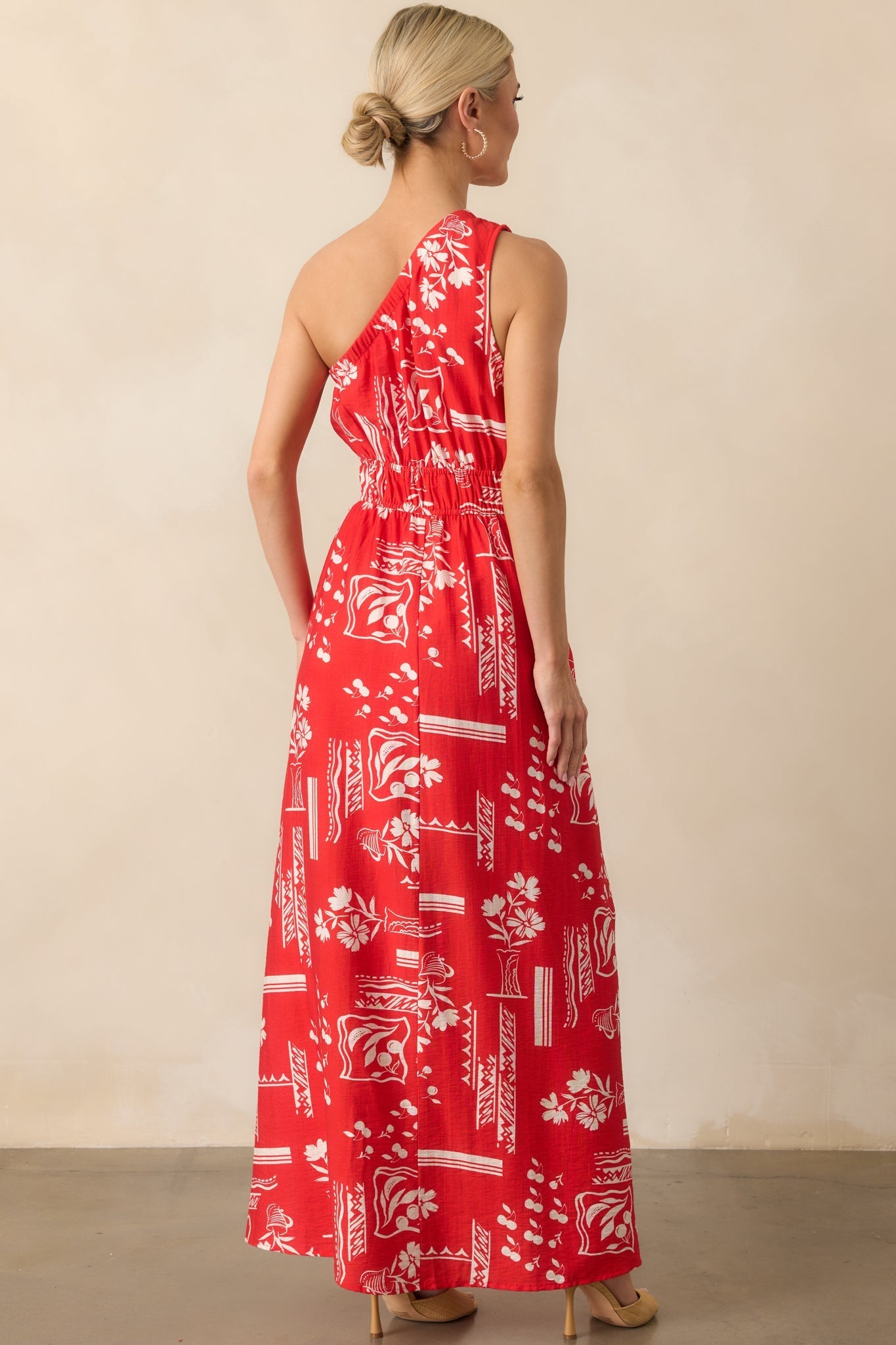 Anything Goes Red One Shoulder Geometric Floral Print Maxi Dress