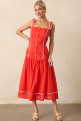 Everything She Is Tomato Red Cotton Drop Waist Midi Dress