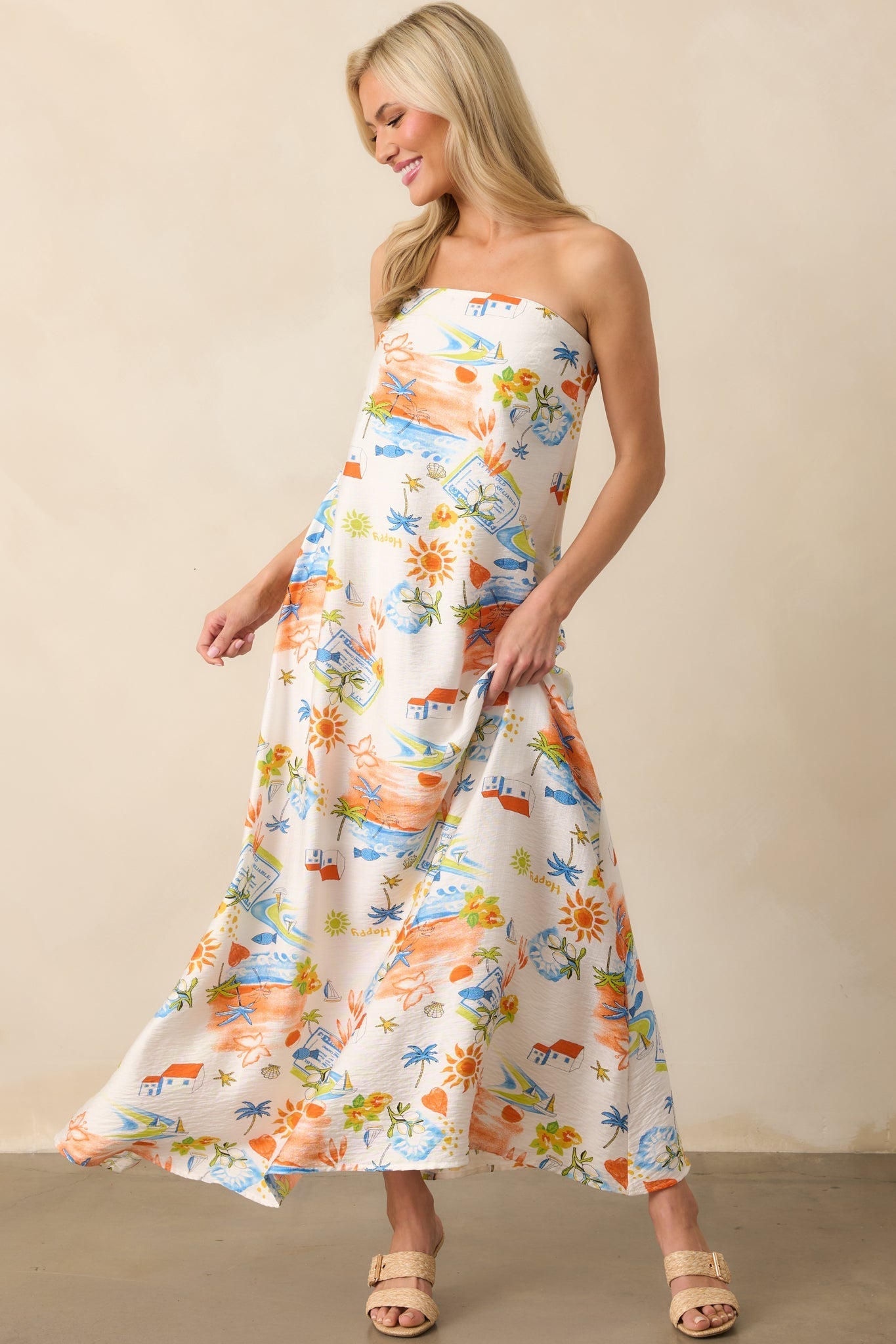 Try To Change It Up Orange Tropical Print Strapless Maxi Dress
