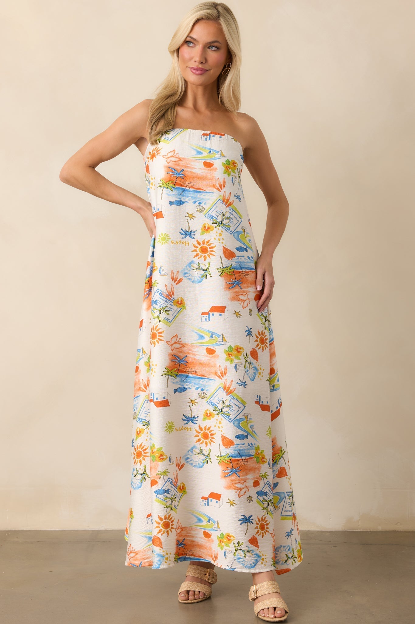 Try To Change It Up Orange Tropical Print Strapless Maxi Dress