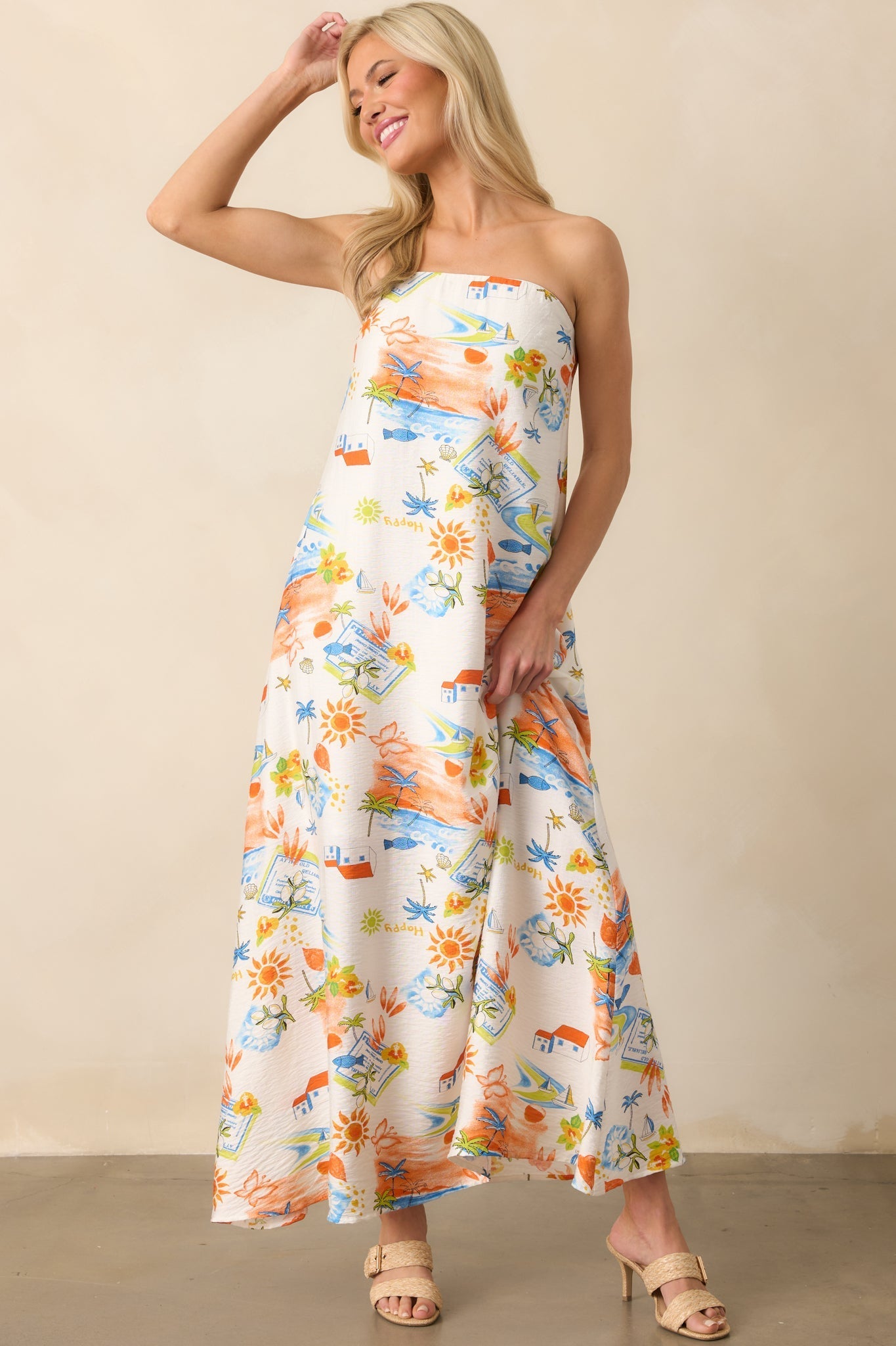Try To Change It Up Orange Tropical Print Strapless Maxi Dress