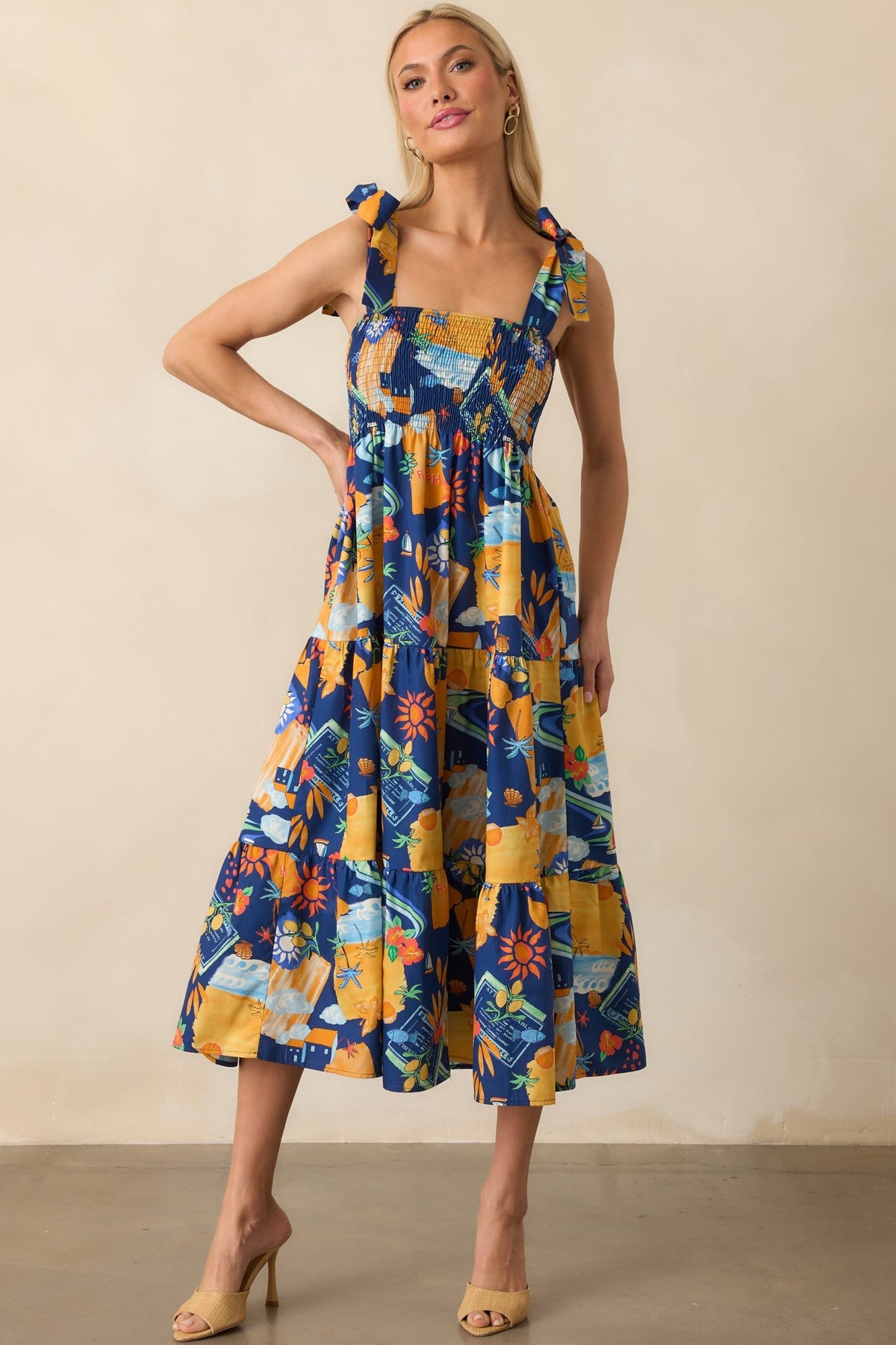Need A Different View Navy Tropical Print Rayon Midi Dress