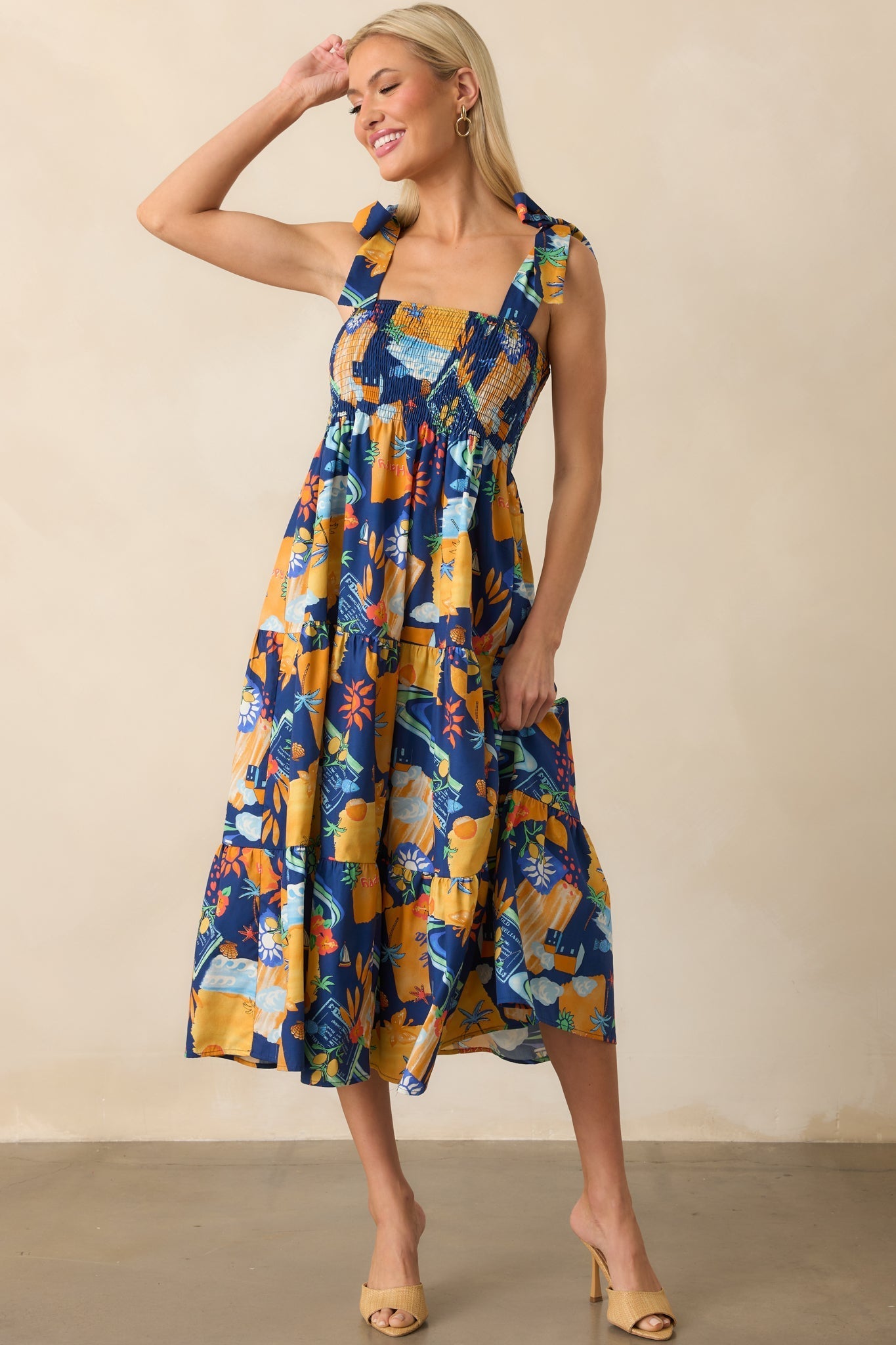 Need A Different View Navy Tropical Print Rayon Midi Dress