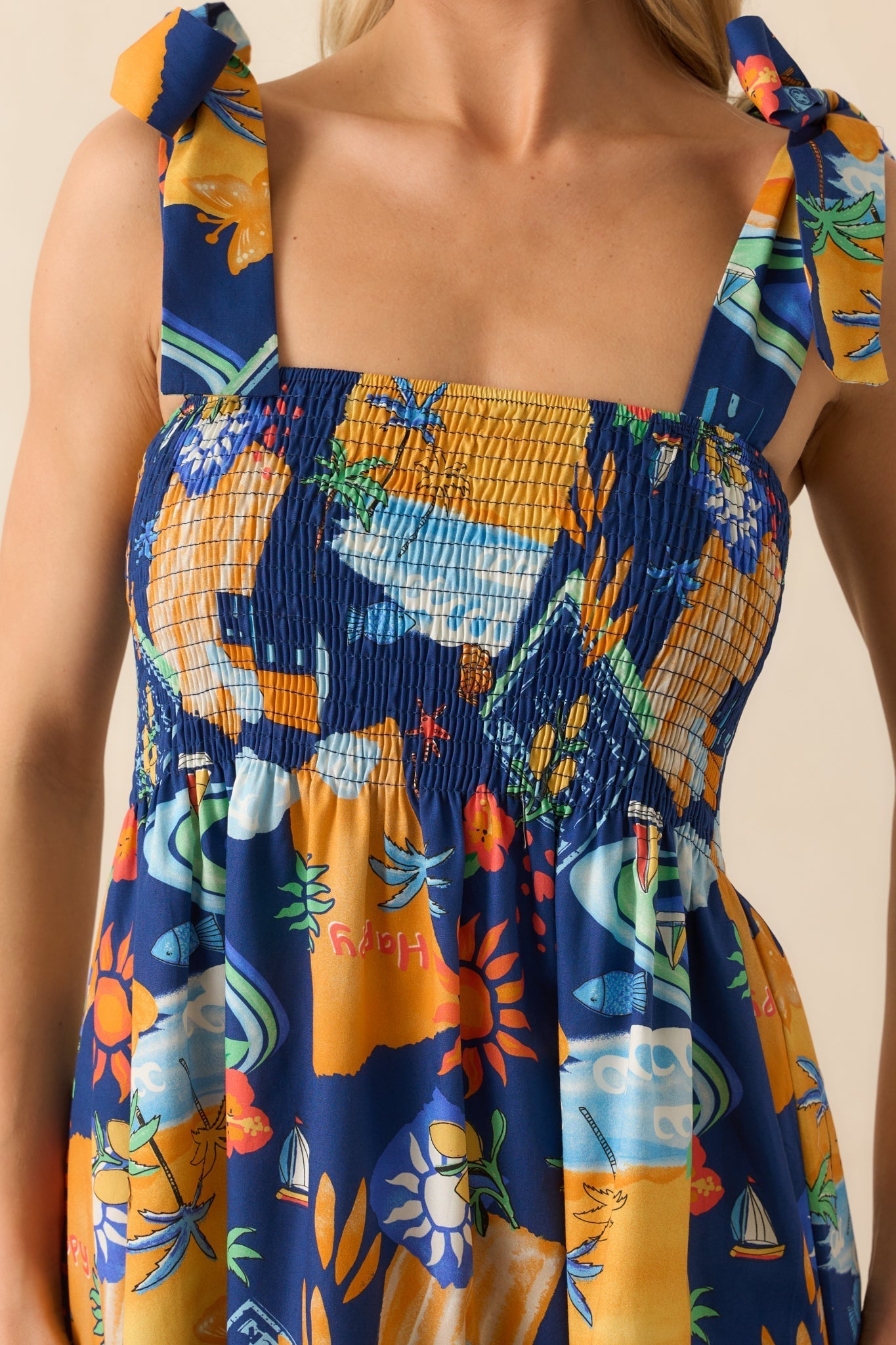 Need A Different View Navy Tropical Print Rayon Midi Dress