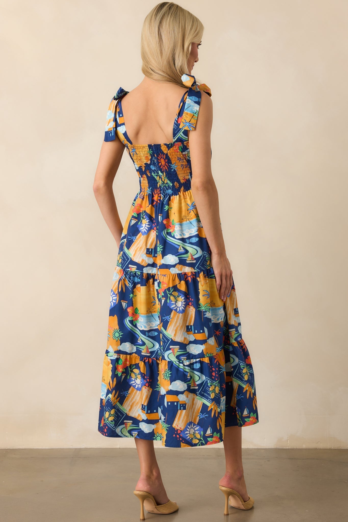 Need A Different View Navy Tropical Print Rayon Midi Dress