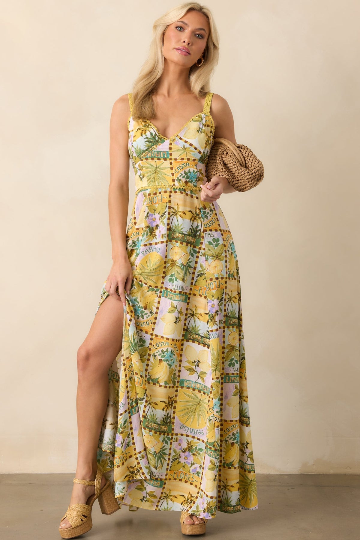 One To Remember Yellow Tropical Print Linen Blend Maxi Dress