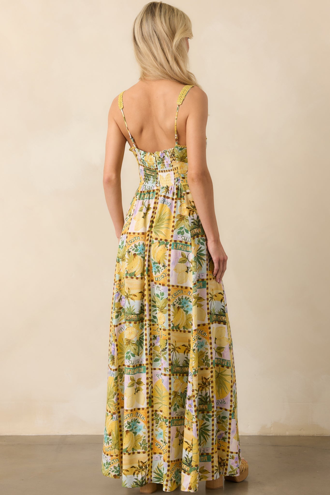 One To Remember Yellow Tropical Print Linen Blend Maxi Dress