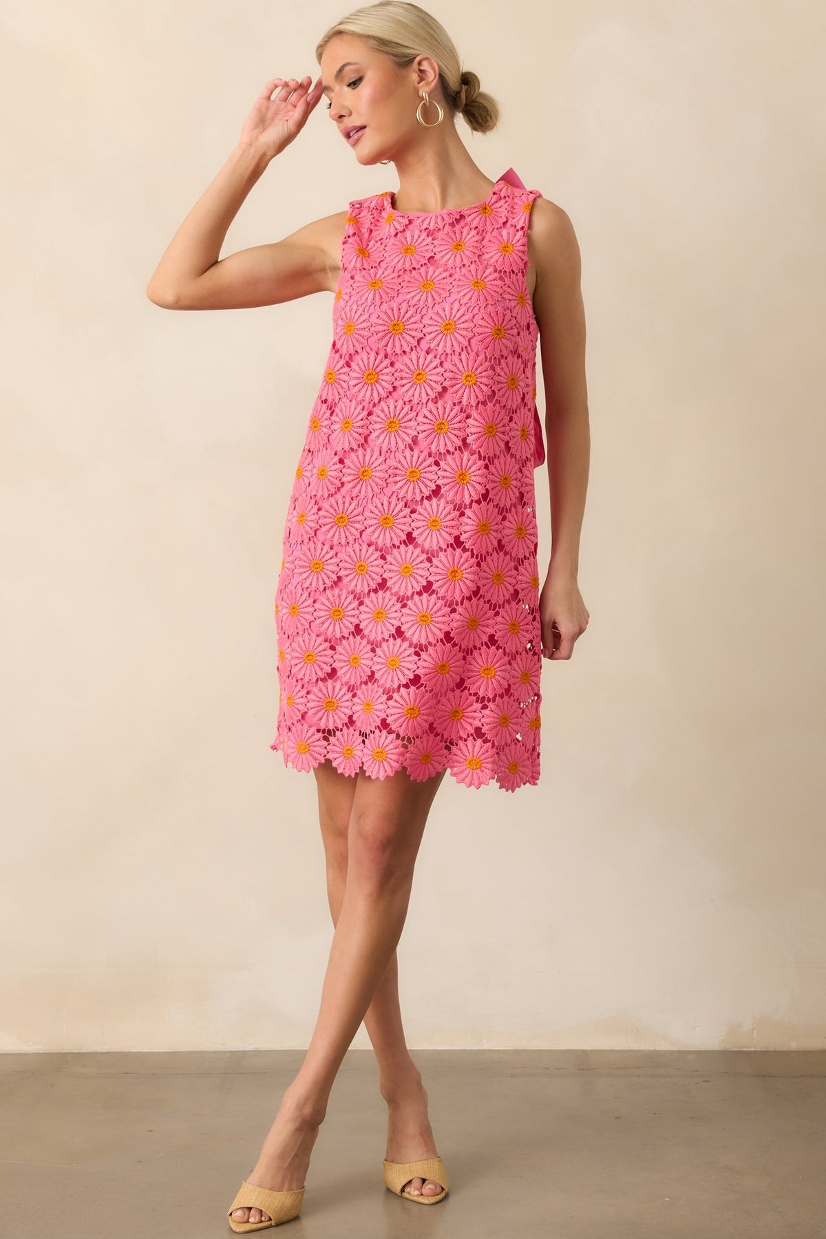 Only The Finest Hot Pink Floral Embroidered Lace Bow Back Mini Dress