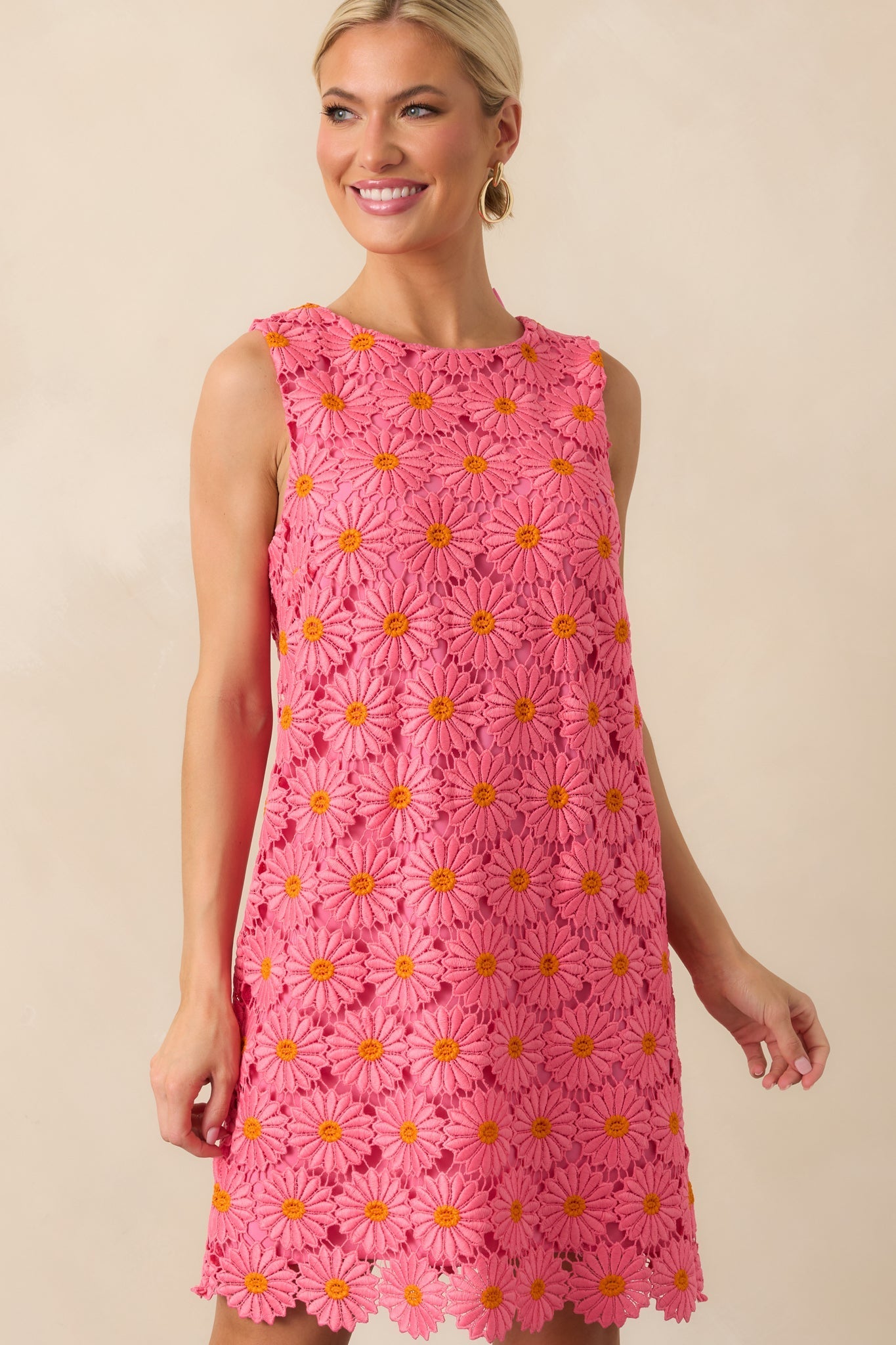 Only The Finest Hot Pink Floral Embroidered Lace Bow Back Mini Dress