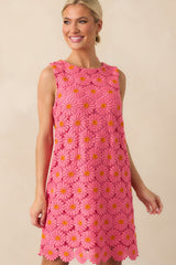 Only The Finest Hot Pink Floral Embroidered Lace Bow Back Mini Dress