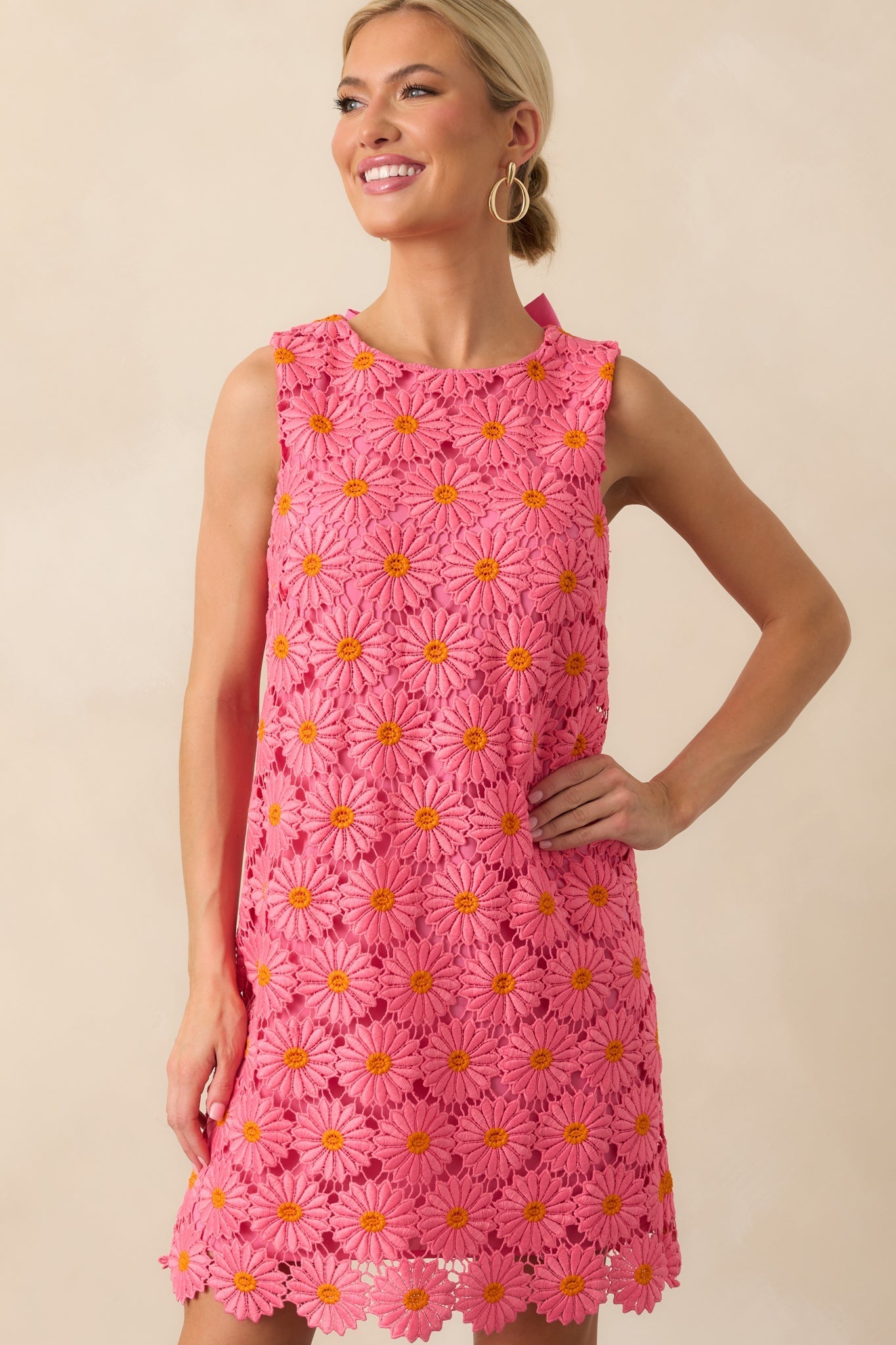 Only The Finest Hot Pink Floral Embroidered Lace Bow Back Mini Dress