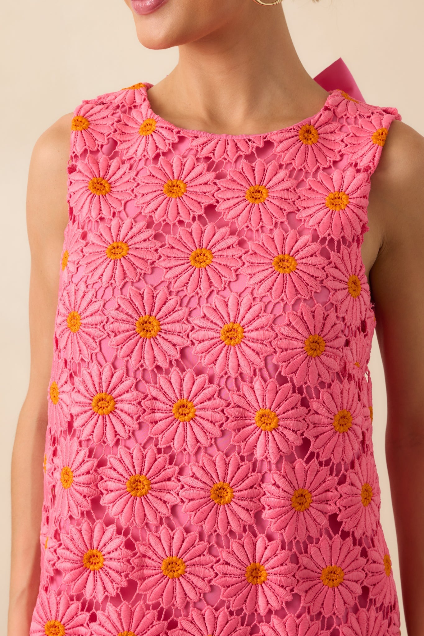 Only The Finest Hot Pink Floral Embroidered Lace Bow Back Mini Dress