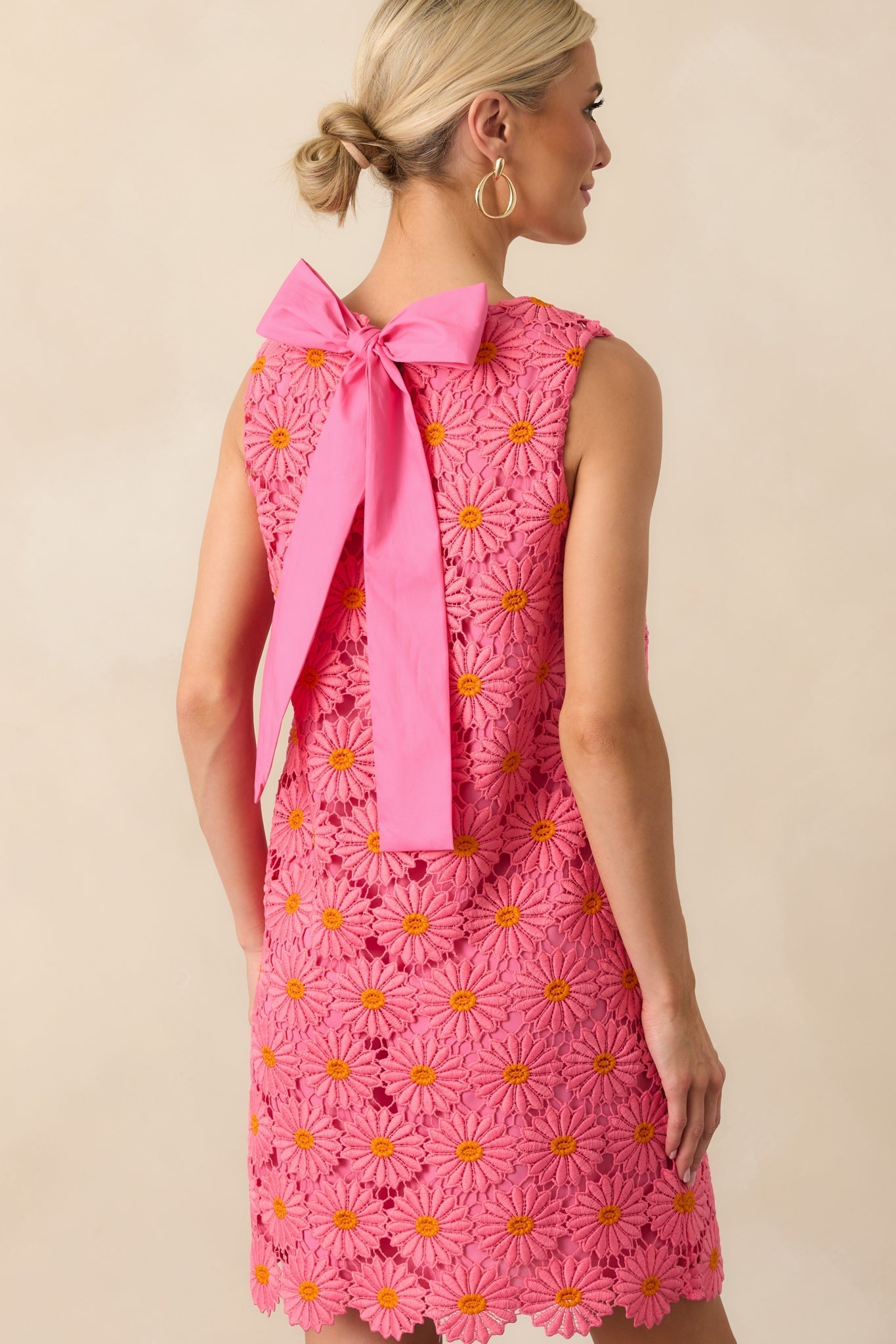 Only The Finest Hot Pink Floral Embroidered Lace Bow Back Mini Dress