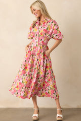 Setting The Bar Pink Floral Print Cotton Pleated Midi Shirt Dress