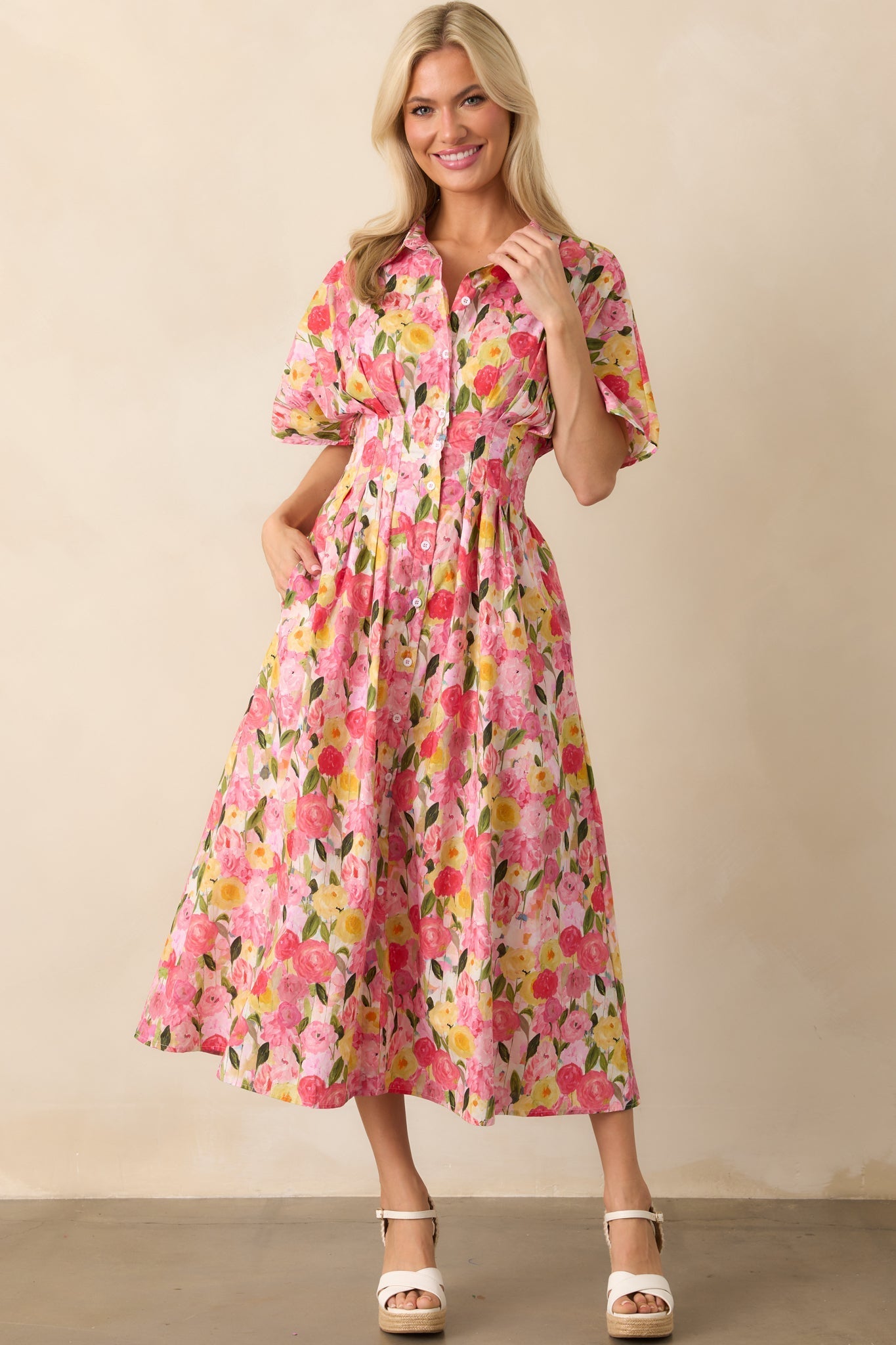 Setting The Bar Pink Floral Print Cotton Pleated Midi Shirt Dress