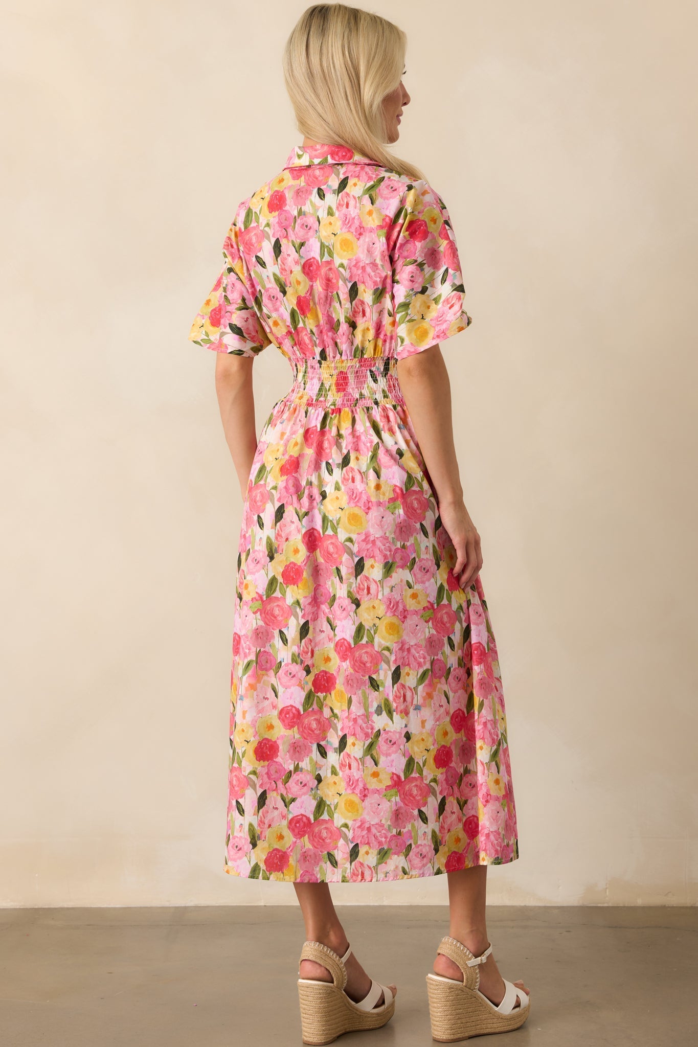 Setting The Bar Pink Floral Print Cotton Pleated Midi Shirt Dress