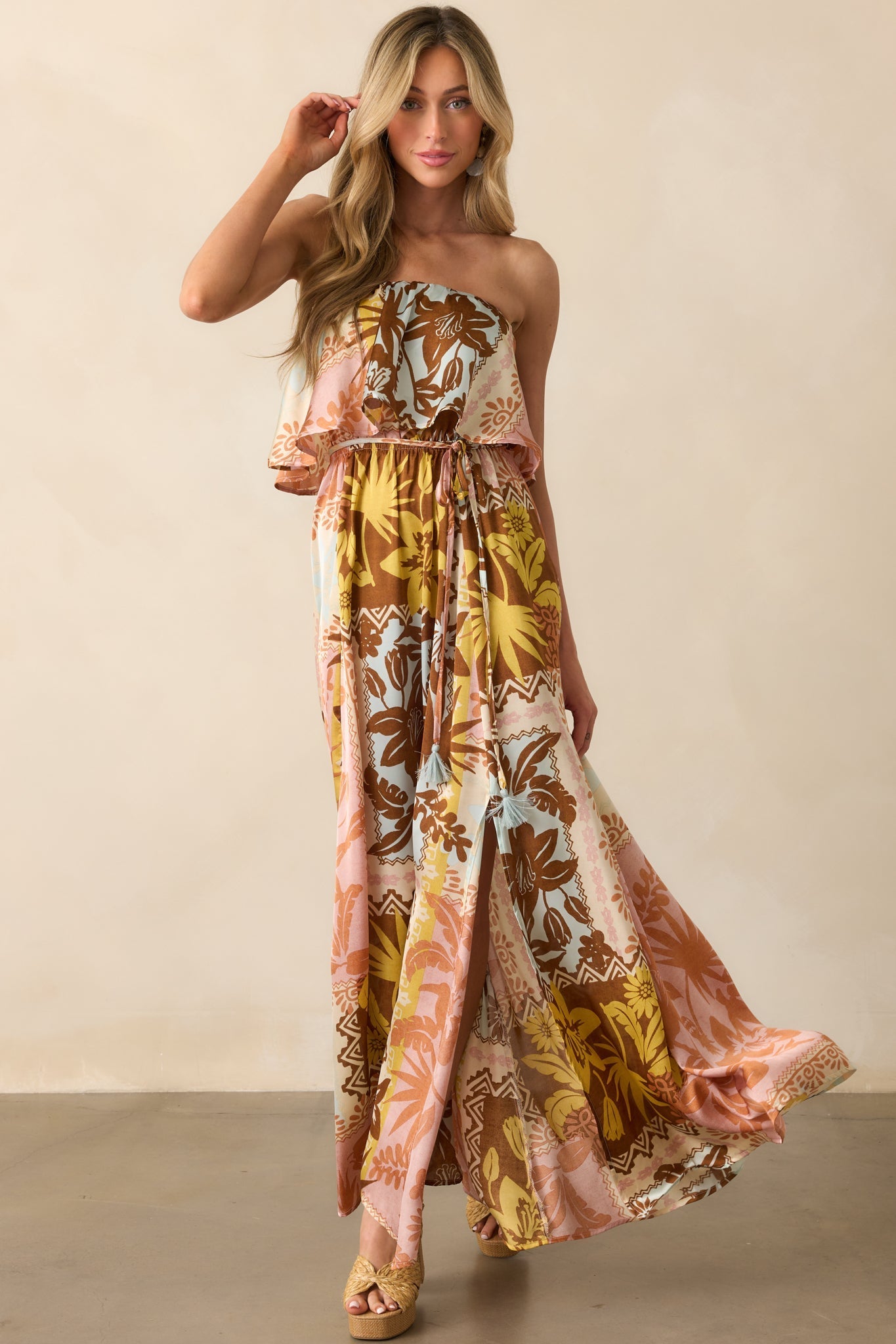 All Of The Time Pink Coral Patchwork Print Strapless Maxi Dress
